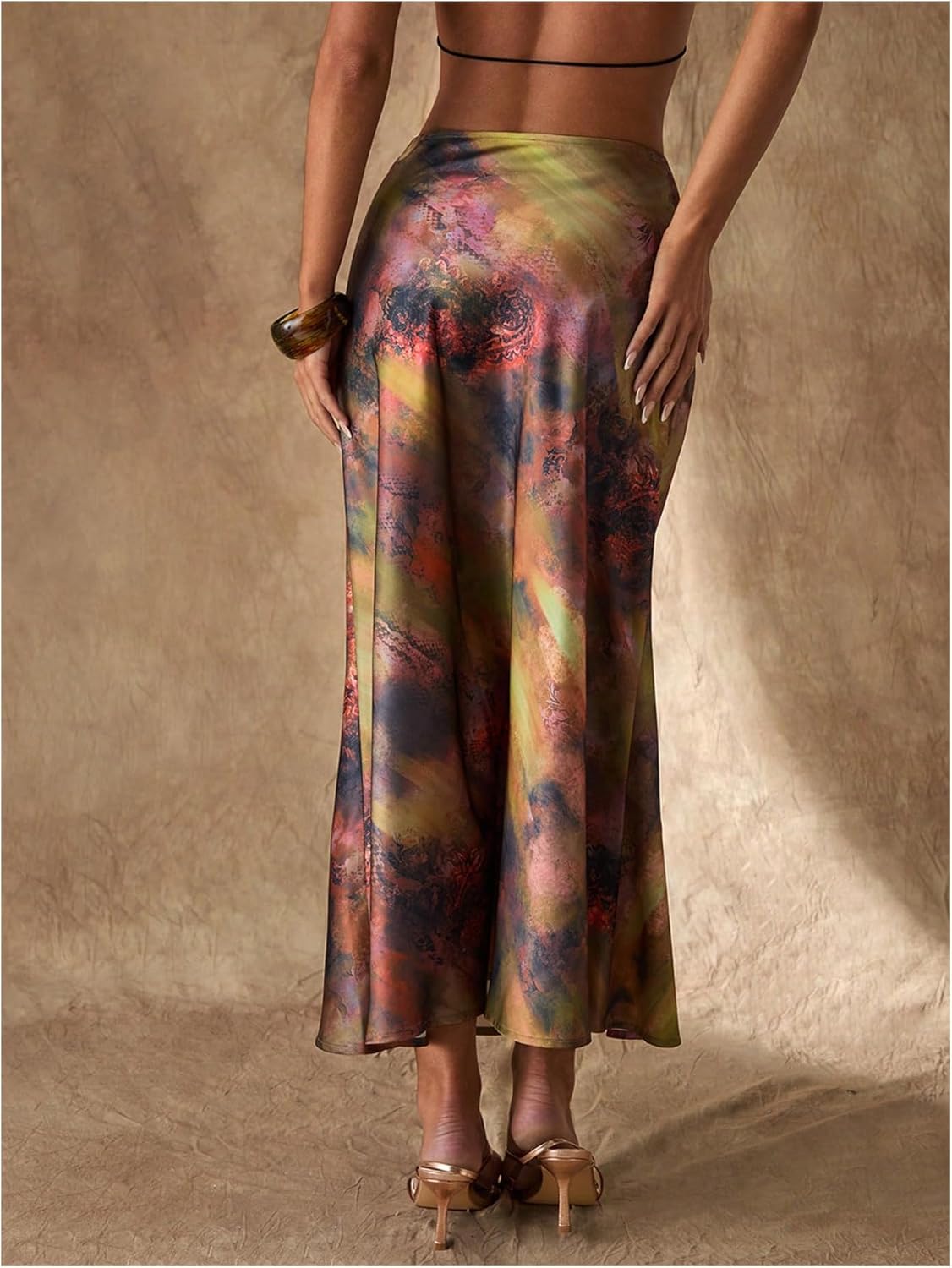 MakeMeChic Women's Satin Printed Maxi Long Skirt Silk High Waist Fishtail Elegant Skirts