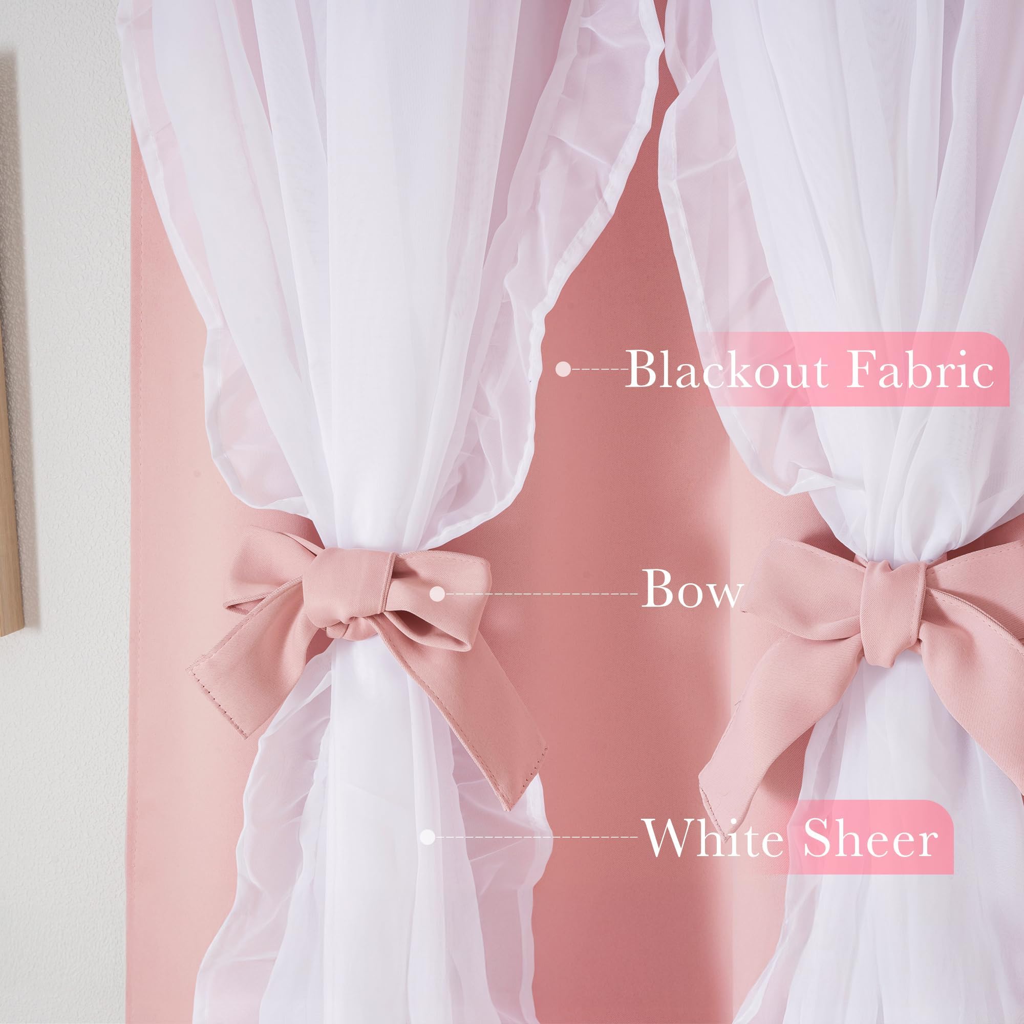 PONY DANCE Kinderzimmer Vorhang Mädchen Rosa Gardinen Kurz Blickdicht | 2er Set H160 x B140cm, Doppellagige Gardinen mit Tüll-Rüschen, Thermovorhang Hitzeschutz, mit Ösen, für Schlafzimmer