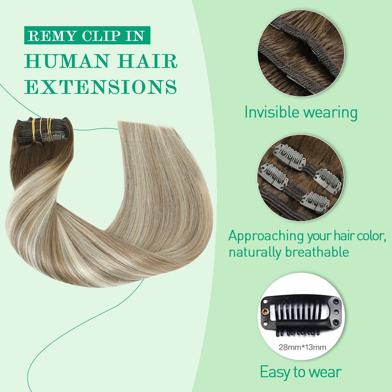 SURNEL Clip in Hair Extensions Human Balayage Color 3 Fading to 8 and Highlight 22 Blonde Extensions Clip in Hair for Women 7Pcs 160 Gram 20 inch Double Weft (7C#3/8/22-20) - Image 3