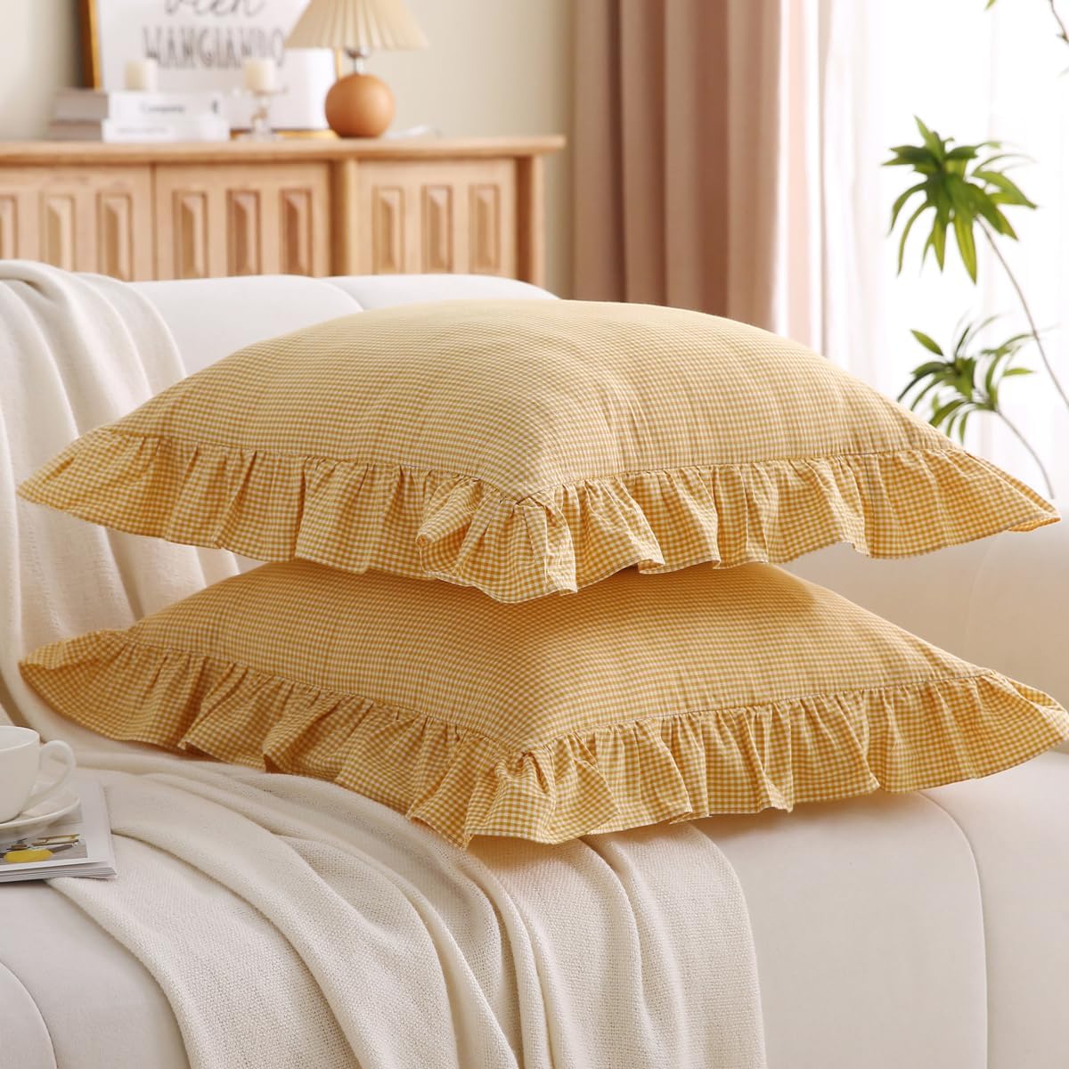 Silnuo Vintage Mustard Plaid Ruffle Throw Pillow Covers 18x18 inches,Washed Cotton Gingham Checkered Yellow Decorative Pillow Shams for Bed,Couch,Sofa