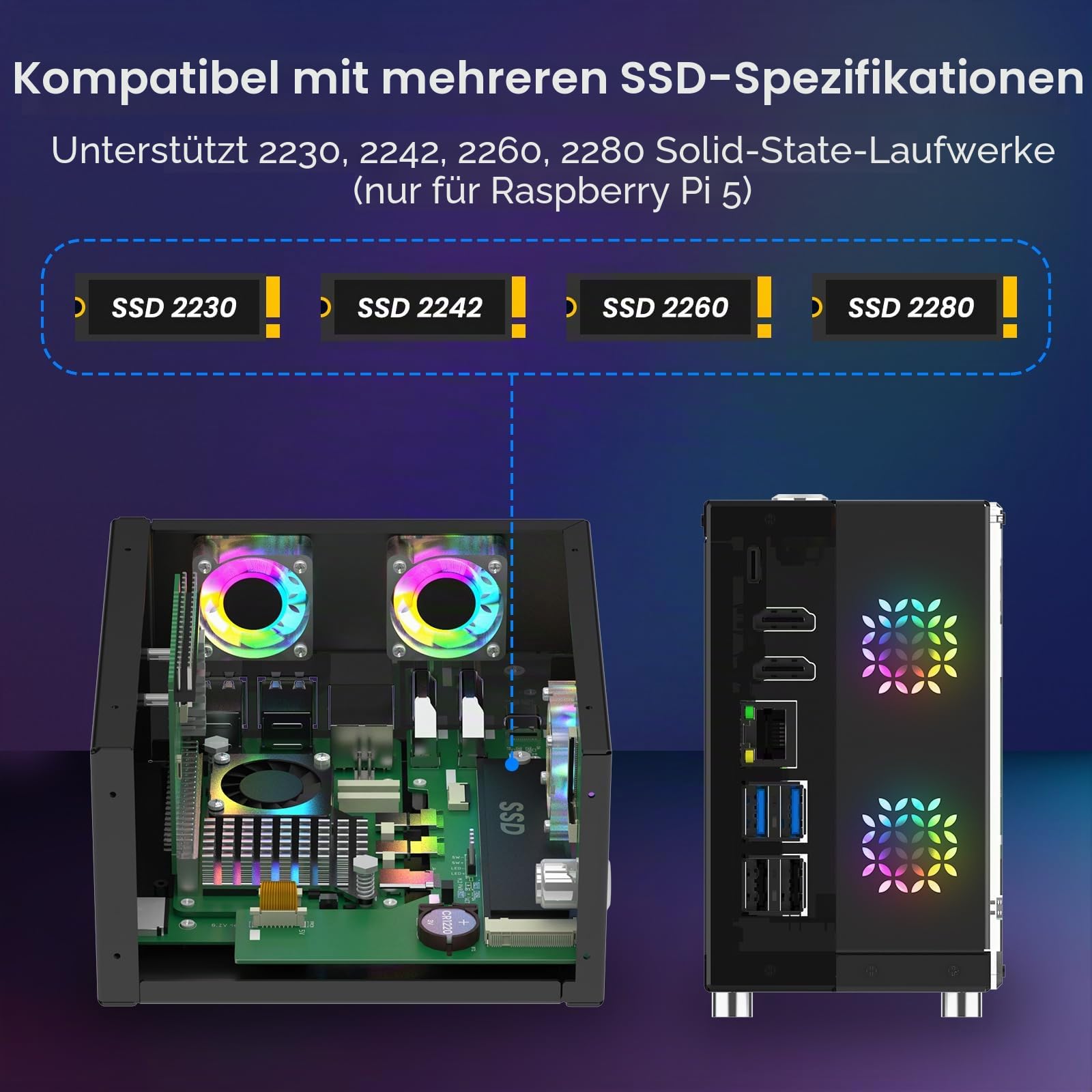 Elecrow Mini-PC-Gehäuse für Raspberry Pi 5: Aluminiumgehäuse mit 3 Kühlventilatoren, 1,3 Zoll OLED-Display, PCIe M.2 NVMe SSD 2230/2242/2260/2280 Unterstützung, RTC, Vollständiger Anschlusszugang