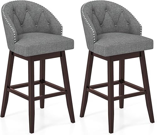 NAFORT Juego de 2 taburetes de bar giratorios tapizados de 31 pulgadas con respaldo, patas de madera de goma y asiento acolchado de lino, taburetes