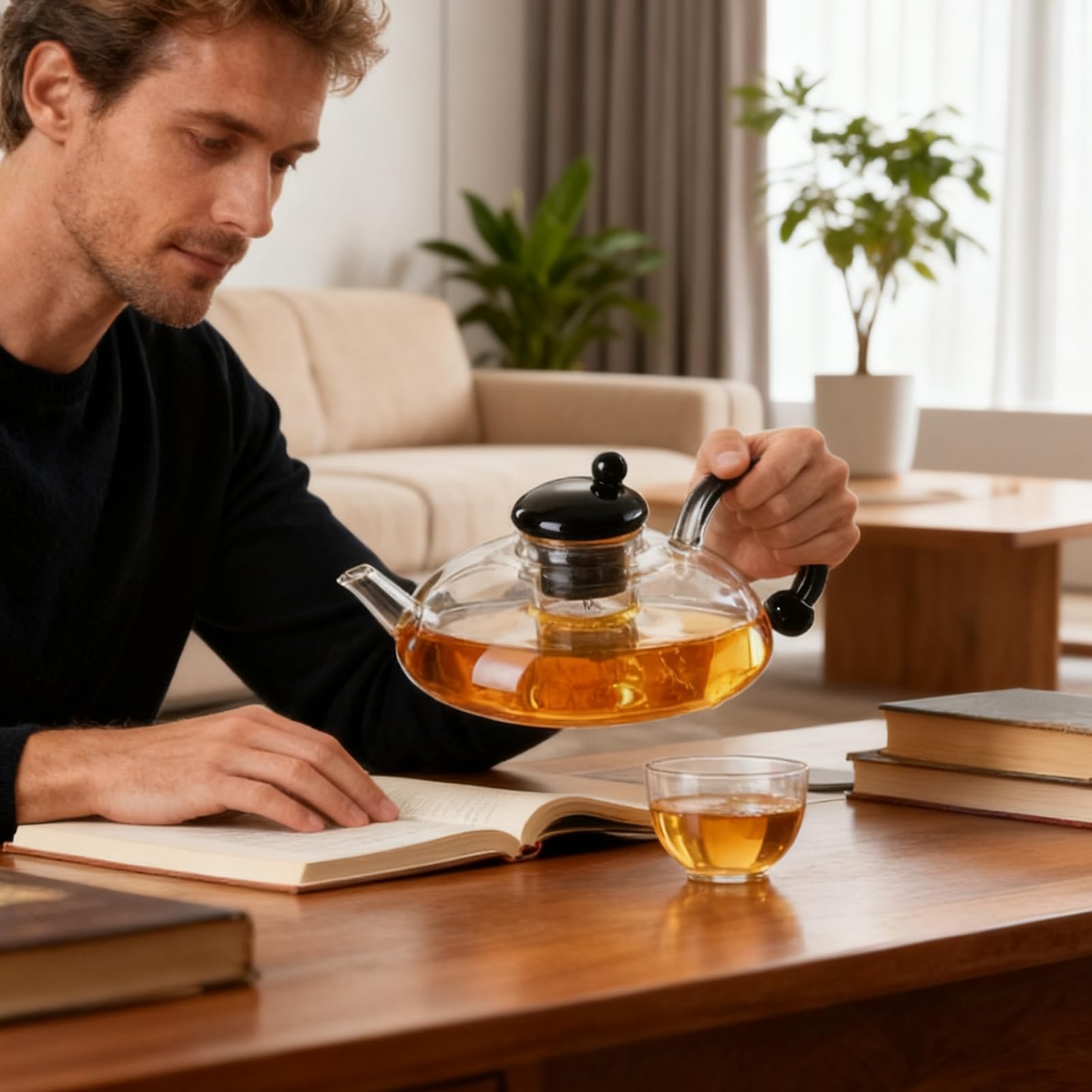 Tetera de vidrio de 600 ml con infusor extraíble resistente al calor con filtro para té de hojas sueltas(Transparent)