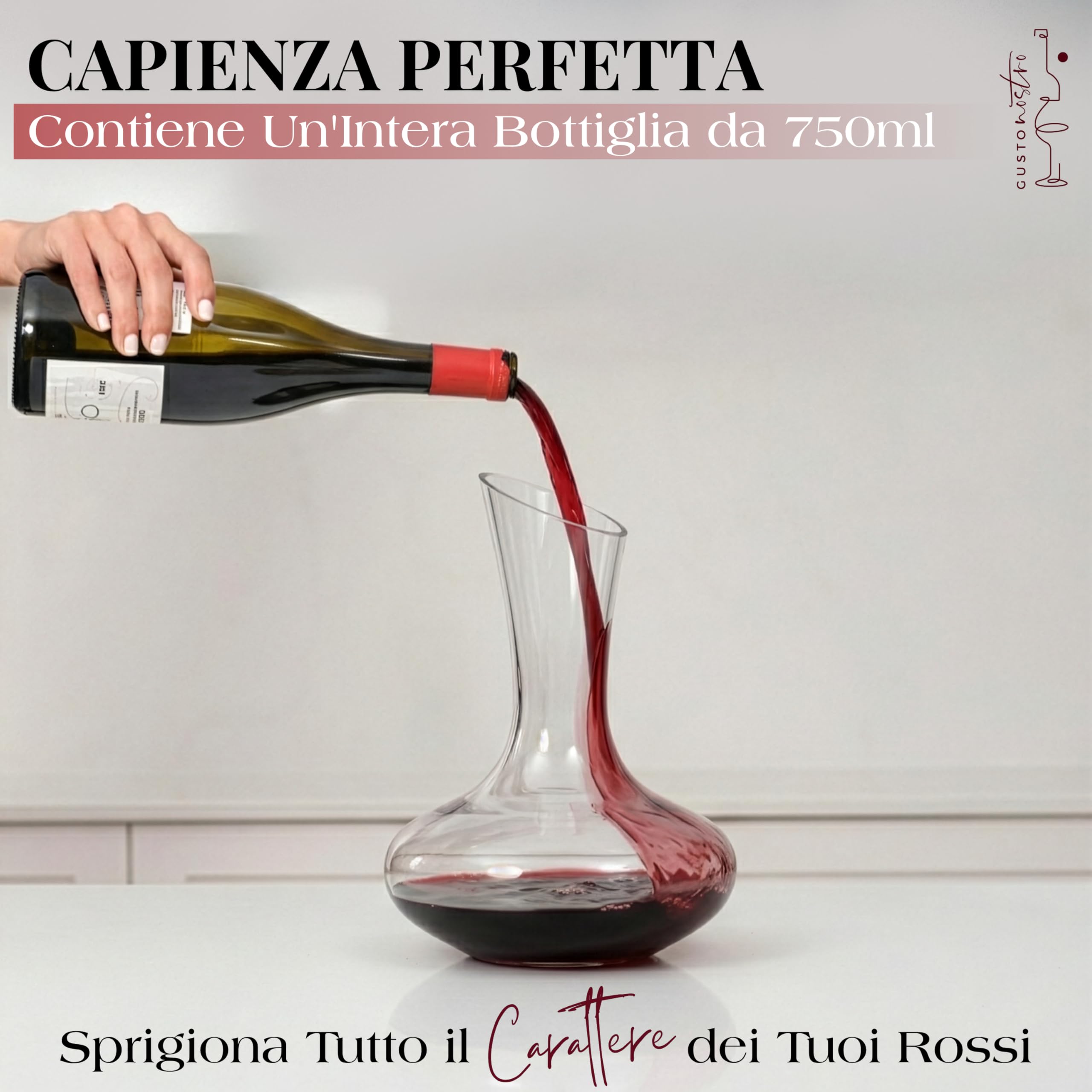 Gusto Nostro Decanter Vino in Cristallo con Tappo in Marmo – Caraffa Vino in Vetro Soffiato Senza Piombo per Vini Rossi – Decanter da 750 ml con Tappo in Pietra Naturale – Design Elegante Inclinato