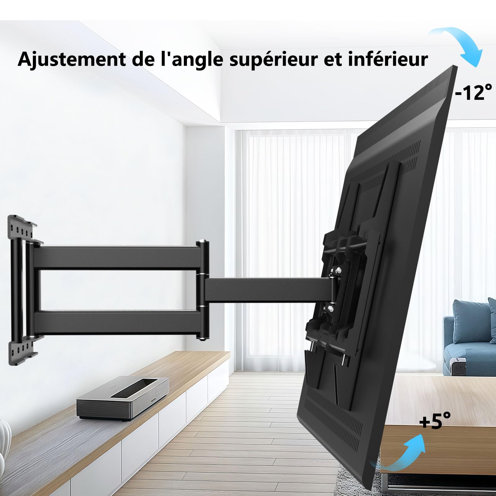 Support Mural TV Inclinable et Orientable avec Bras Long Extension pour 32-80 Pouces Écrans Plats/Incurvés,Fixation Murale TV Ajustable Pivotant à 90 Degrés jusqu'à 50KG Max VESA 600x400 mm