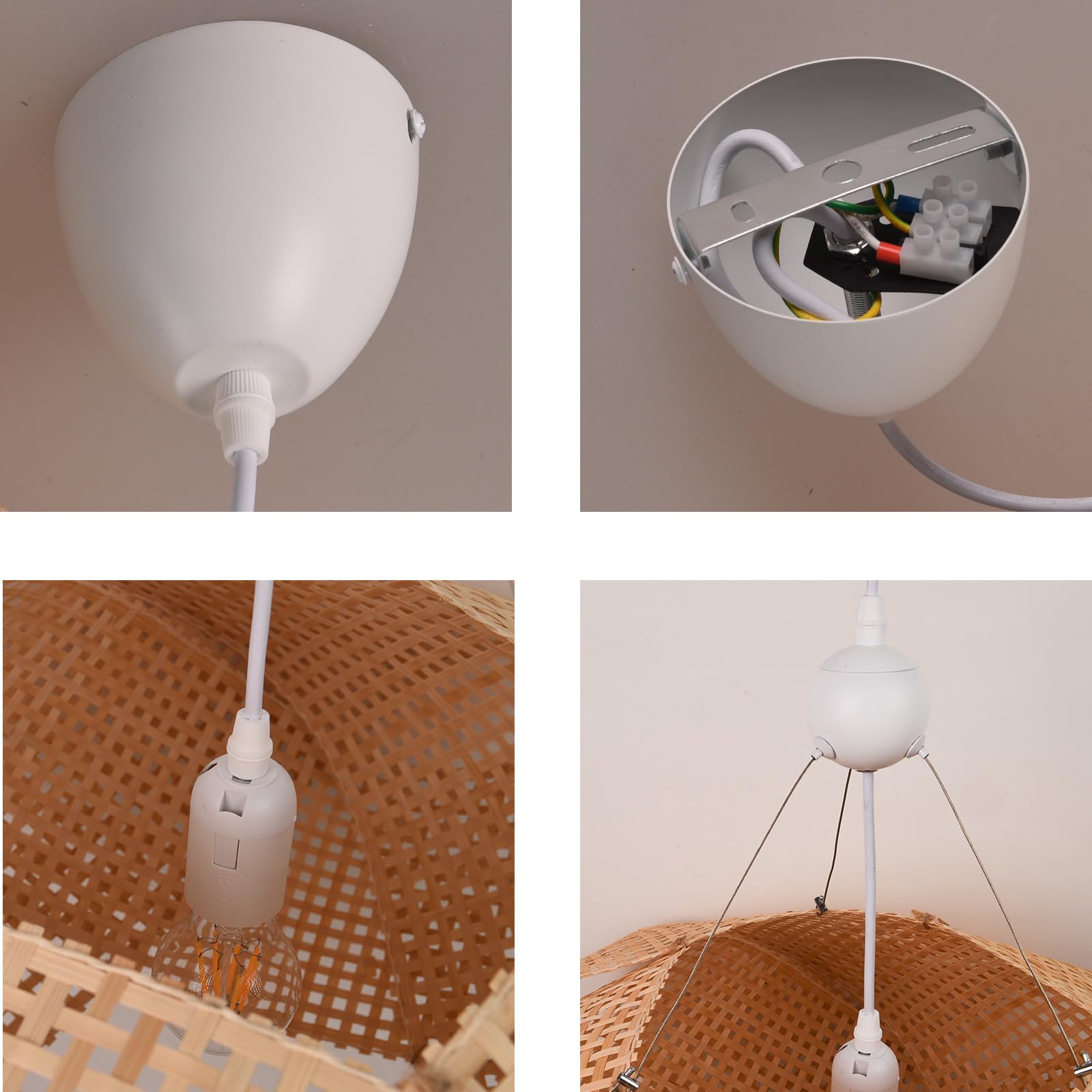 Alpinaluz Pendelleuchte Weiß Ø61 cm mit beige Rattan Lampenschirm und weißem Stahlfuß, pentagonales Design mit Metallkugel, verstellbarem Kabel, E27 Fassung, ideal für Esszimmer und Wohnzimmer