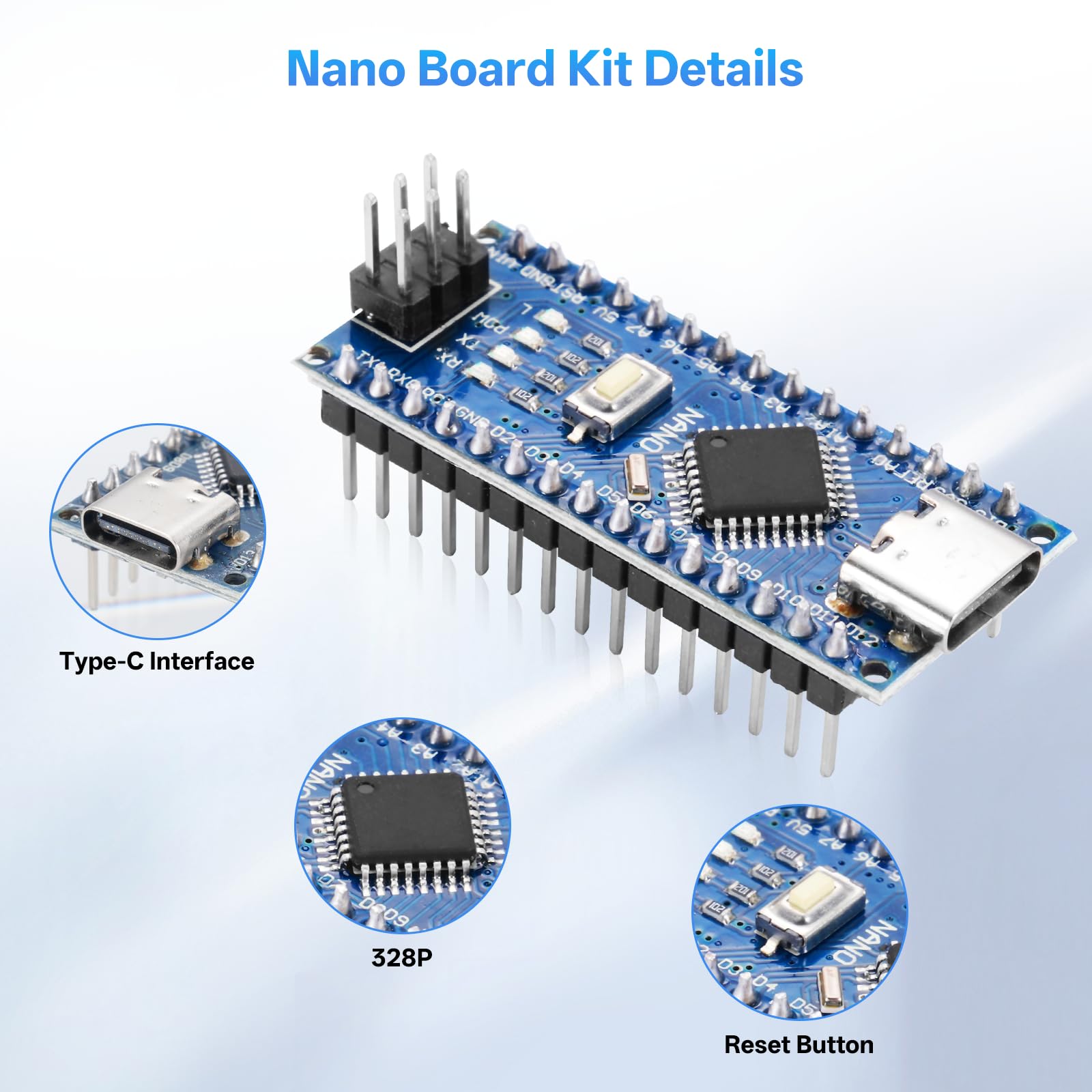 Nano-V3 Modulo con 328P Schede Madri + NANO IO Shield V1.0 Scheda di espansione semplice + Cavo di ricarica Type-C compatibile con Arduino Nano y Sviluppo elettronico fai da te (3 pezzi)