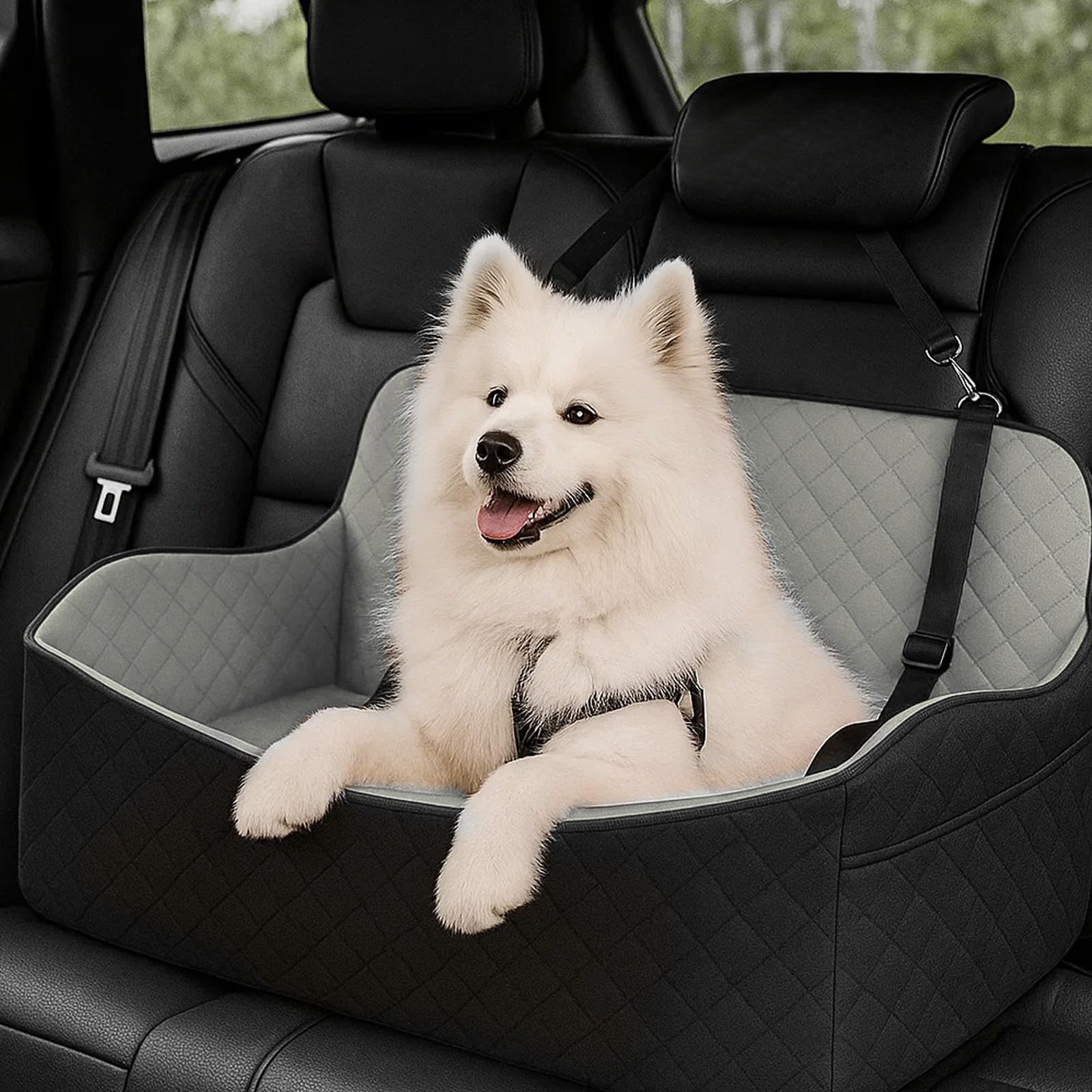 Hunde Autositz für große & mittelgroße Hunde bis 25 kg | Autositze mit Dicker Polsterung, Sicherheitsgurten & Aufbewahrungstaschen (25 kg Schwarz-Grau)