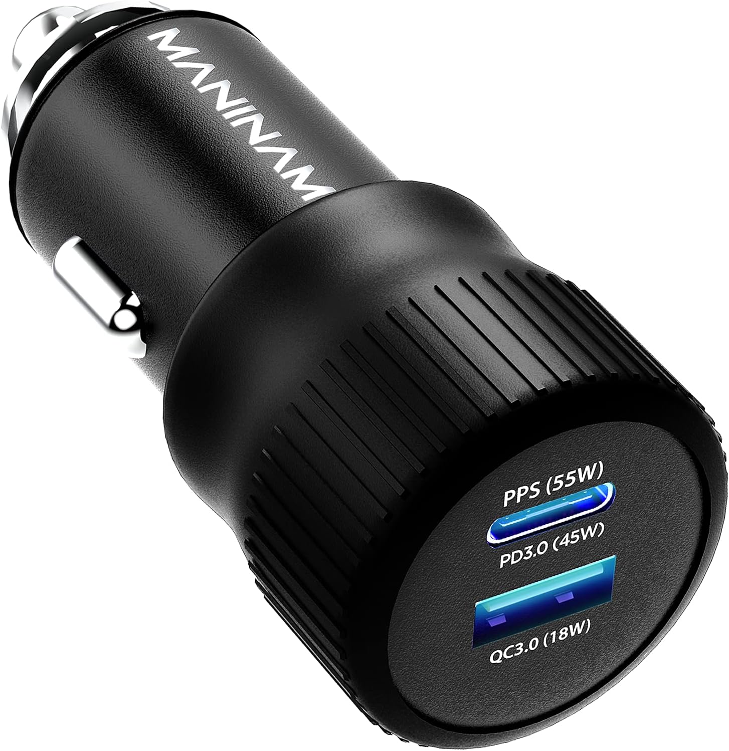 MANINAM All-Metal 73W Super Fast USB-C Car Charger M113 – PPS PD 3.0 Dual-Port Fast Charger 55W+18W for Samsung S24 S23 S22 Note 10 Plus iPhone 15 14 MacBook Laptop – No Cable, US Brand Warranty