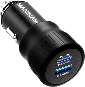 MANINAM All-Metal 73W Super Fast USB-C Car Charger M113 PPS PD 3.0 Dual-Port Fast Charger 55W+18W for Samsung S24 S23 S22 Note 10 Plus iPhone 15 14 MacBook Laptop No Cable, US Brand