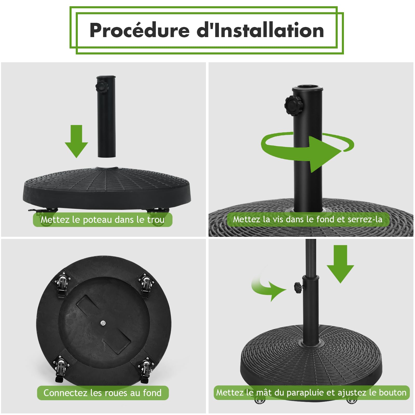 RELAX4LIFE Pied de Parasol à roulettes 23kg en Résine, Base de Parasol Rond