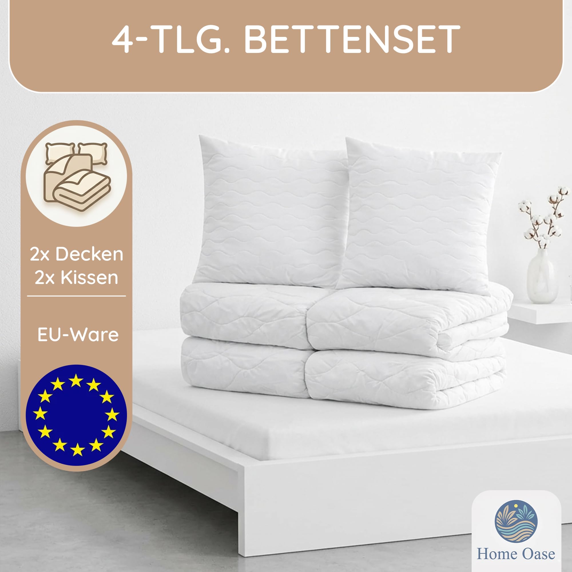 Bettdecken Set 4-teilig - 2X Ganzjahres Decke 135x200 + 2X Kissen 80x80 cm - ÖKO-TEX® Zertifiziert - pflegeleicht waschbar bis 95° - Bettenset weich & atmungsaktiv - Made in EU
