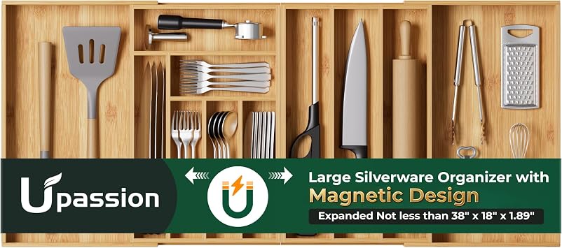 Large Silverware Organizer, 11 Slots Magnetic Connected Expandable Acacia Wood Utensil Drawer Organizer From 21 to 37.4 Inches, Adjustable Flatware and Cutlery Holder, Utensil Tray for Kitchen