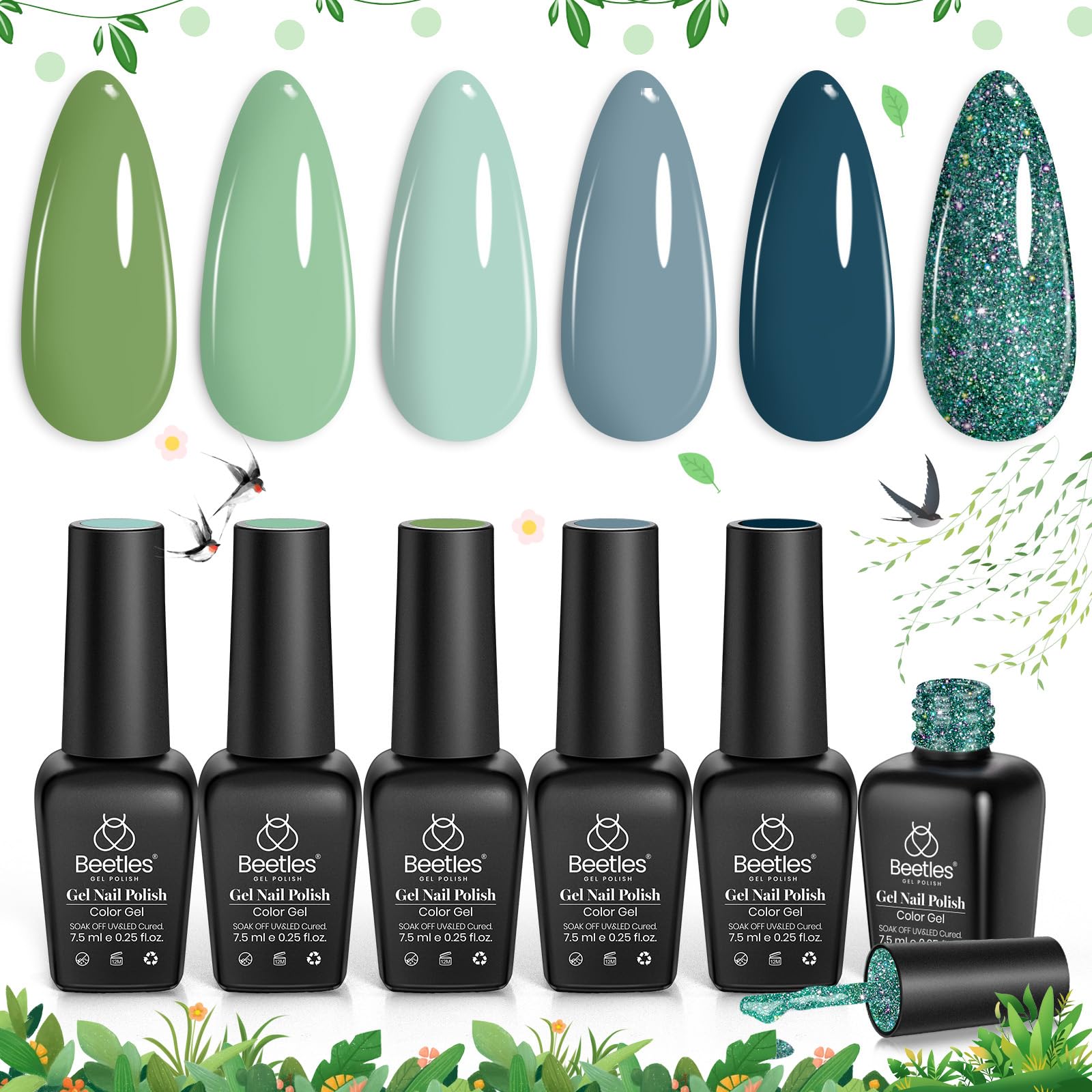 Beetles Green Gel Nail Polish Set - 6 Colors Green Gray Blue Glitter Nail Gel Polish Soak off Uv Gel Nail Art Manicure Gifts for Women