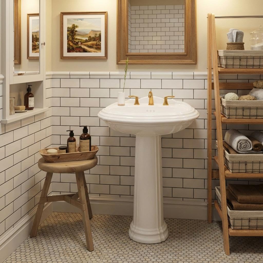 20 x 26 Inch Freestanding Pedestal Bathroom Sink, Classic Ceramic Basin with Overflow and 3 Pre-Drilled Holes for 8-Inch Faucets, Vintage White Finish