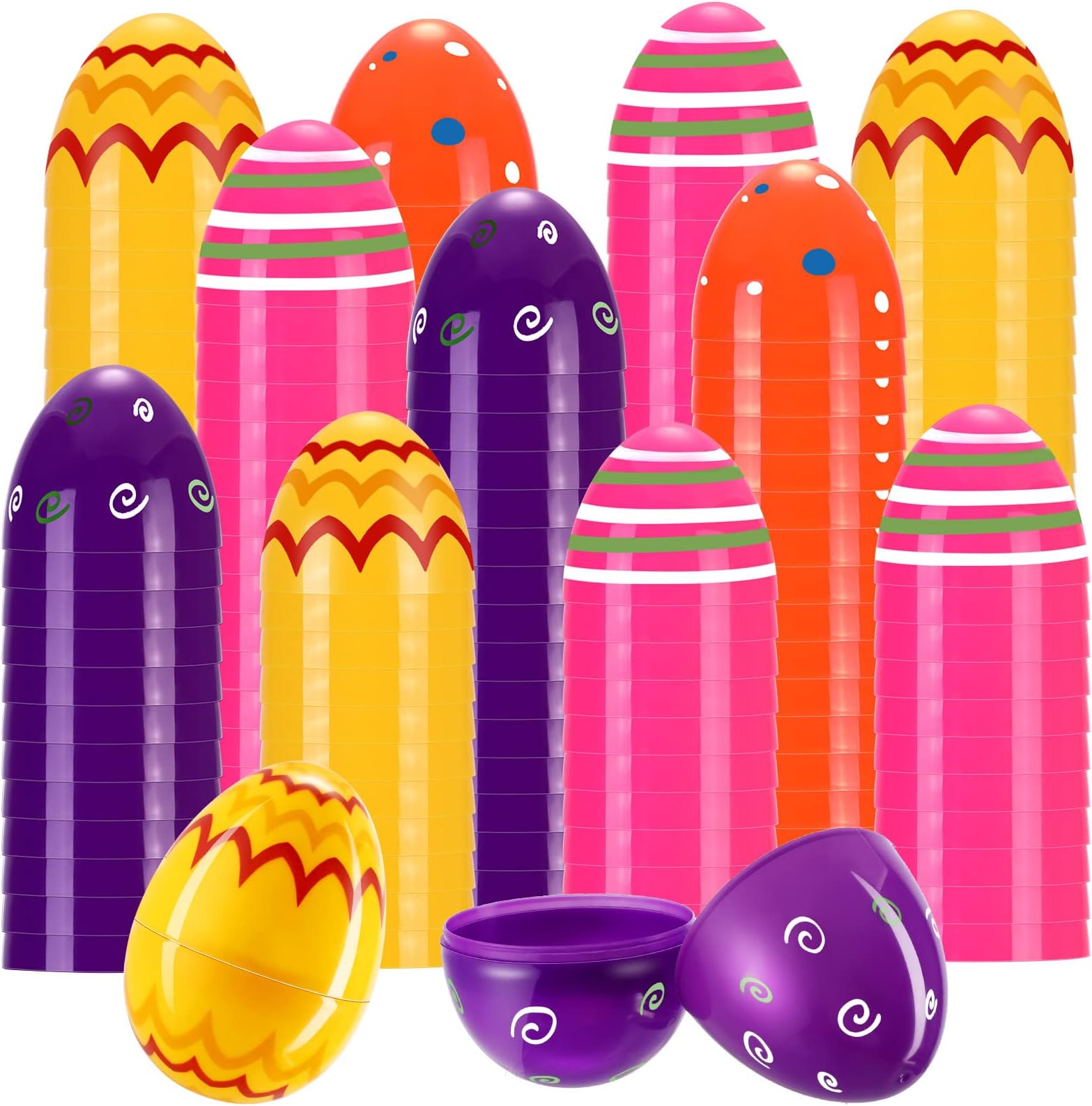 Liliful 50 Pcs 3.5 Inch Large Easter Eggs Printed Bright Fillable Plastic Colorful Eggs Easter Basket Stuffers Bulk for Adult Stocking Fillers, 4 Styles