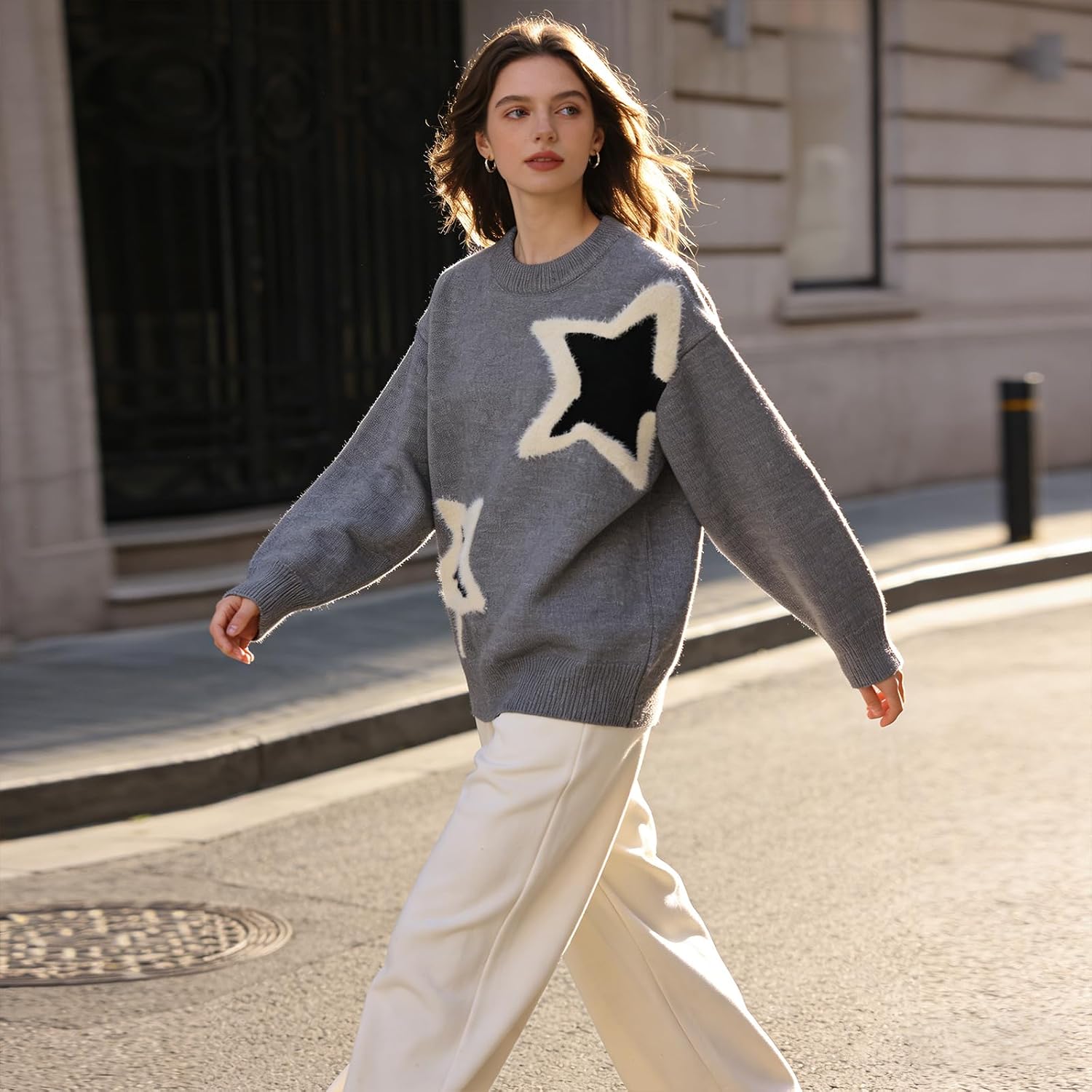 Y2K Plush Star Pattern Sweater for Men Women Unisex Oversized Crewneck Vintage Graphic Knit Pullover