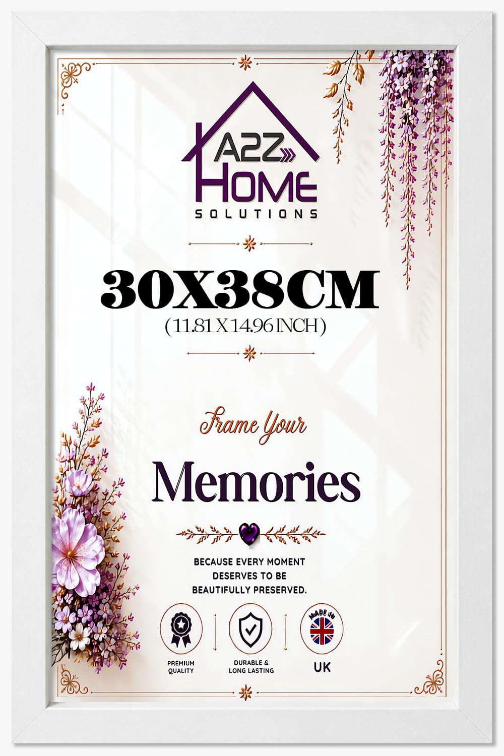 A2Z Home Solutions 30x38cm White Sleek Poster Frame with a minimalist contemporary design and shatterproof acrylic front, for bedroom decor, living room walls, and modern home interiors.