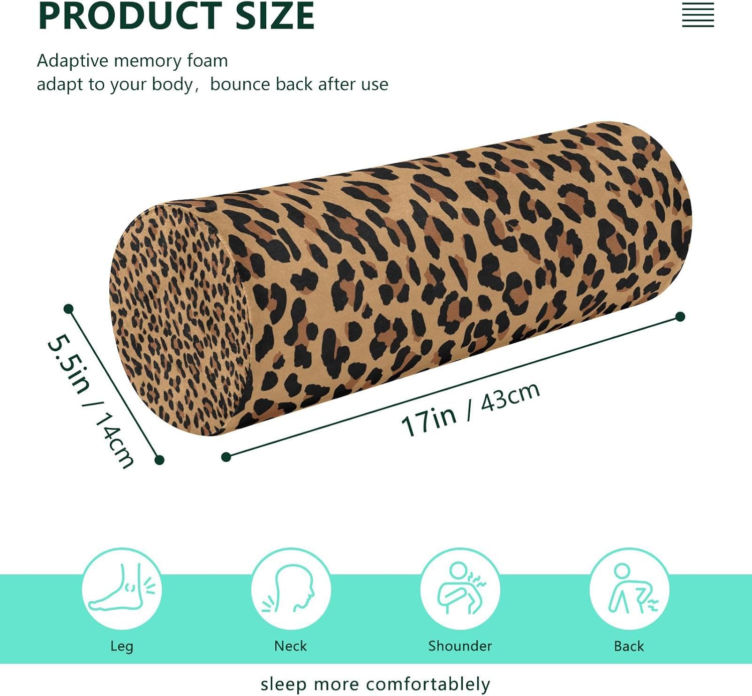 YETTASBIN Leopard Cylinder Round Pillow for Neck Pain Relief, Soft Breathable Bolster Travel Memory Foam Pillow with Removable Washable Cover for Bed Sleeping, Head, Legs and Back - Image 3