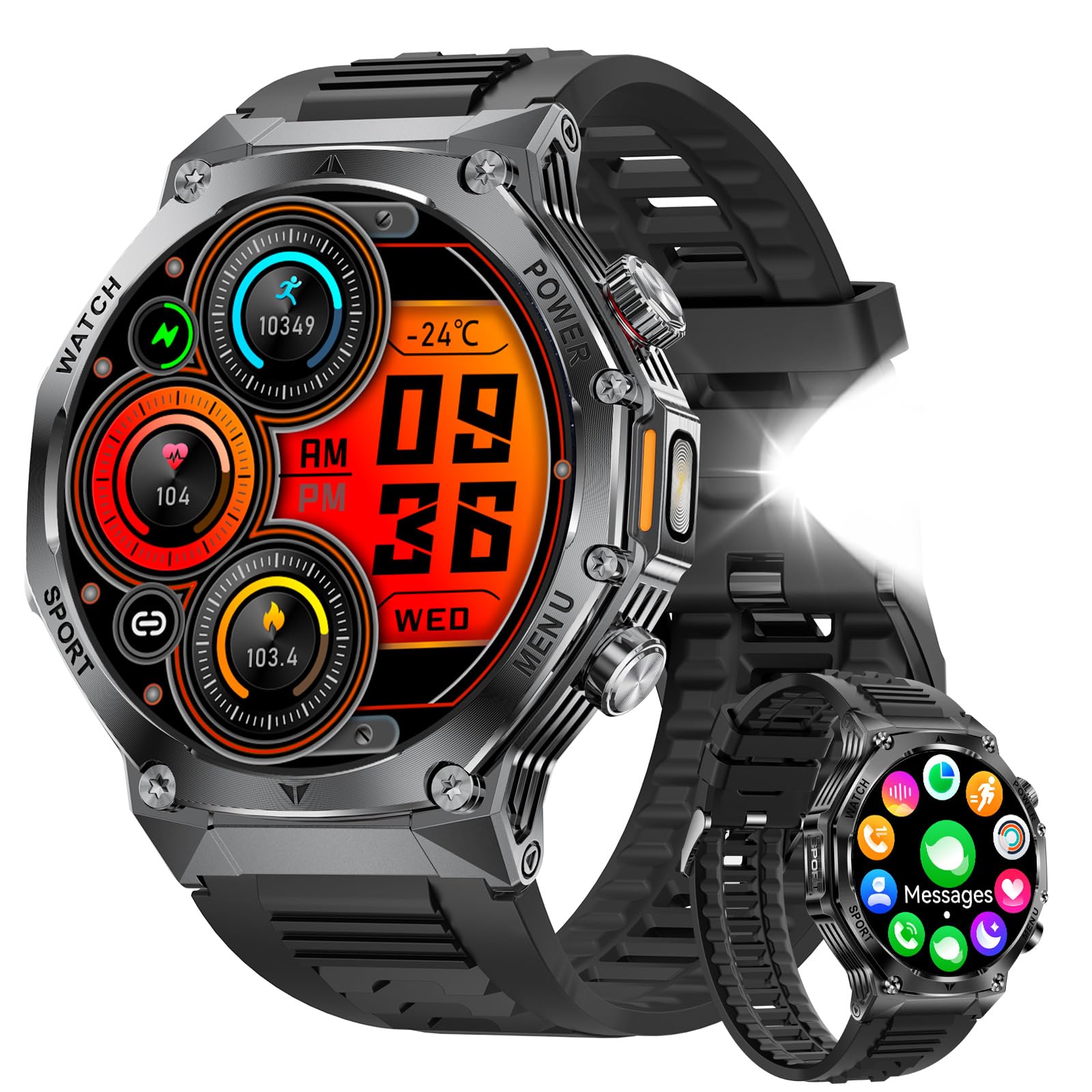 SUNKTA 1.85″ HD Smartwatch para Hombres Militar 800 mAh Batería Grande Reloj Inteligente para iOS Android Llamadas Bluetooth LED,Monitoreo de Salud Monitor de Sueño,100+ Modos Deportivos,Rojo