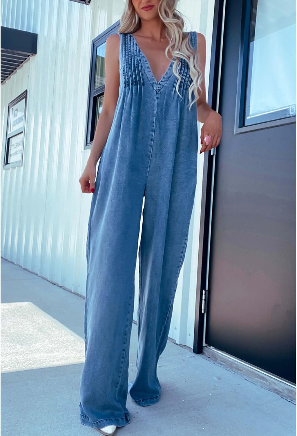 xxxiticat Women's Sleeveless Denim Jumpsuit V Neck Loose Fit Open Back Backless Draped One Piece Wide Leg Jeans Overalls