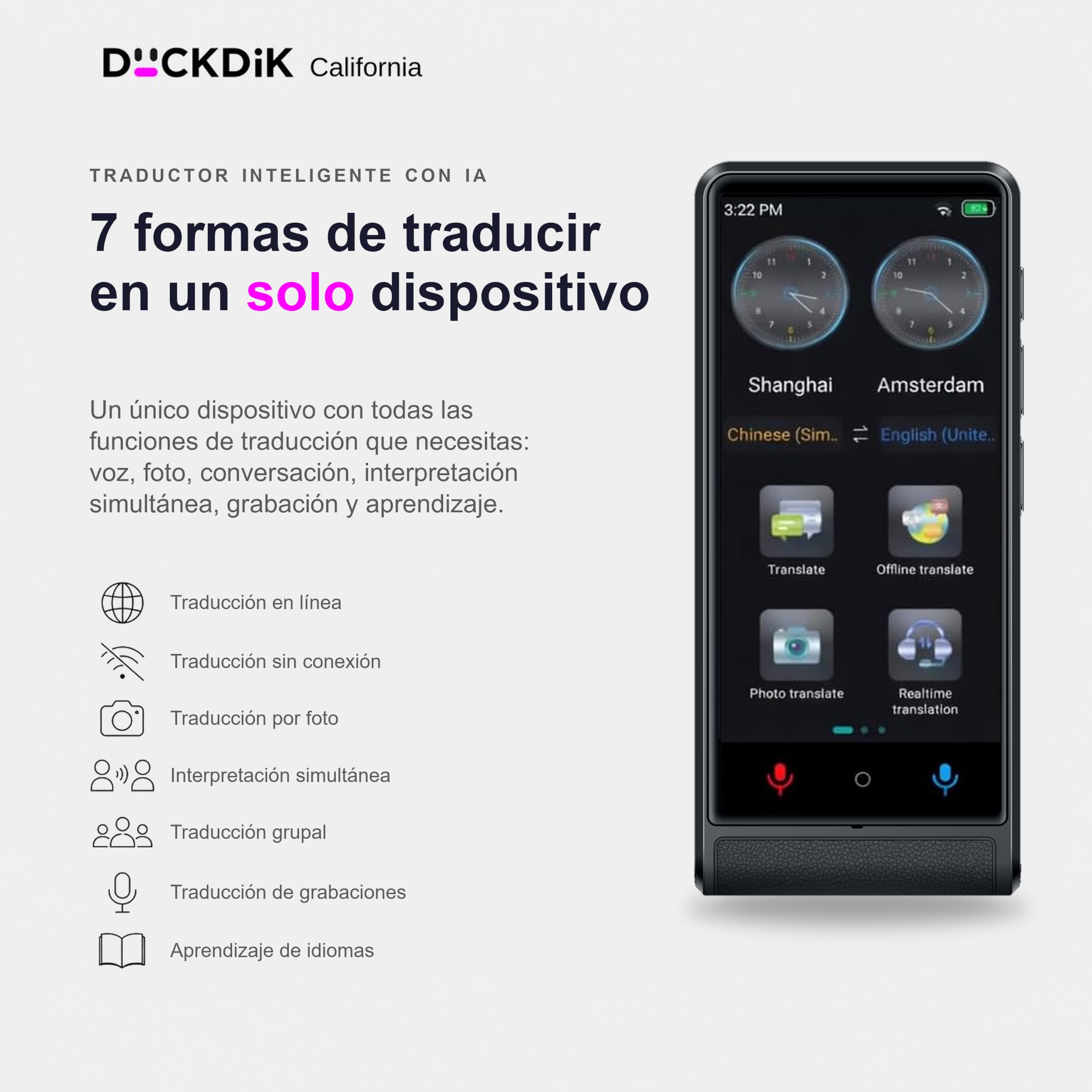 California, Traductor de Idiomas Instantáneo de Voz 2026 + App Traducción Offline Incluida de por Vida (Valor 120€/año) — 142 Idiomas Online, 22 Offline + 59 en App, Pantalla Táctil 4", IA
