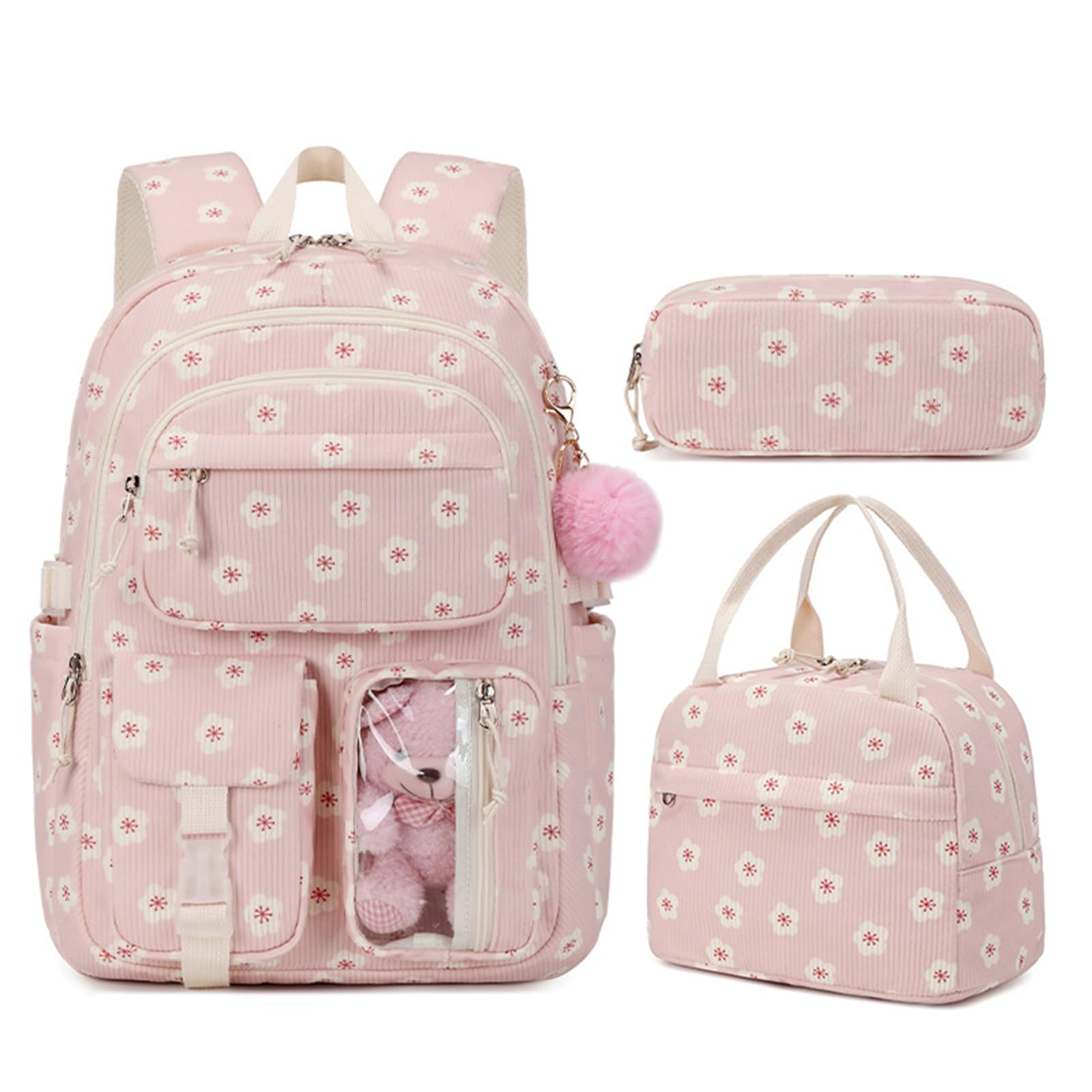 Juego de mochila de pana 4 en 1 para niñas, estampado de fresas, Rosa