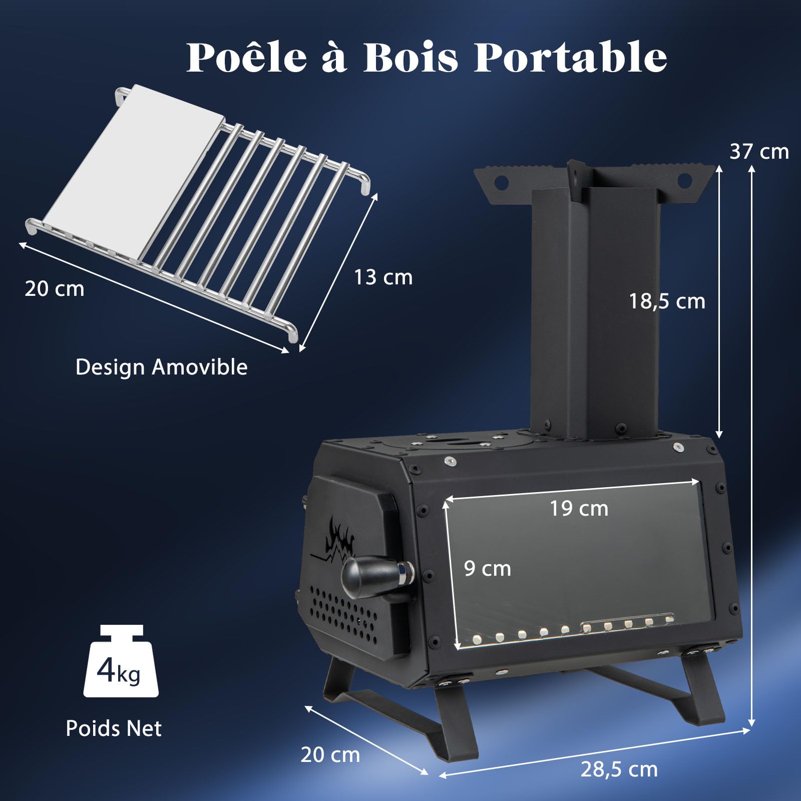 GOPLUS Mini Poêle à Bois Portable, Four à Bois Pliable de Camping avec 2 Positions de Cuisson, Poignée & Fenêtre Visuelle en Verre, pour Extérieur Pique-Nique BBQ Camping Randonnée
