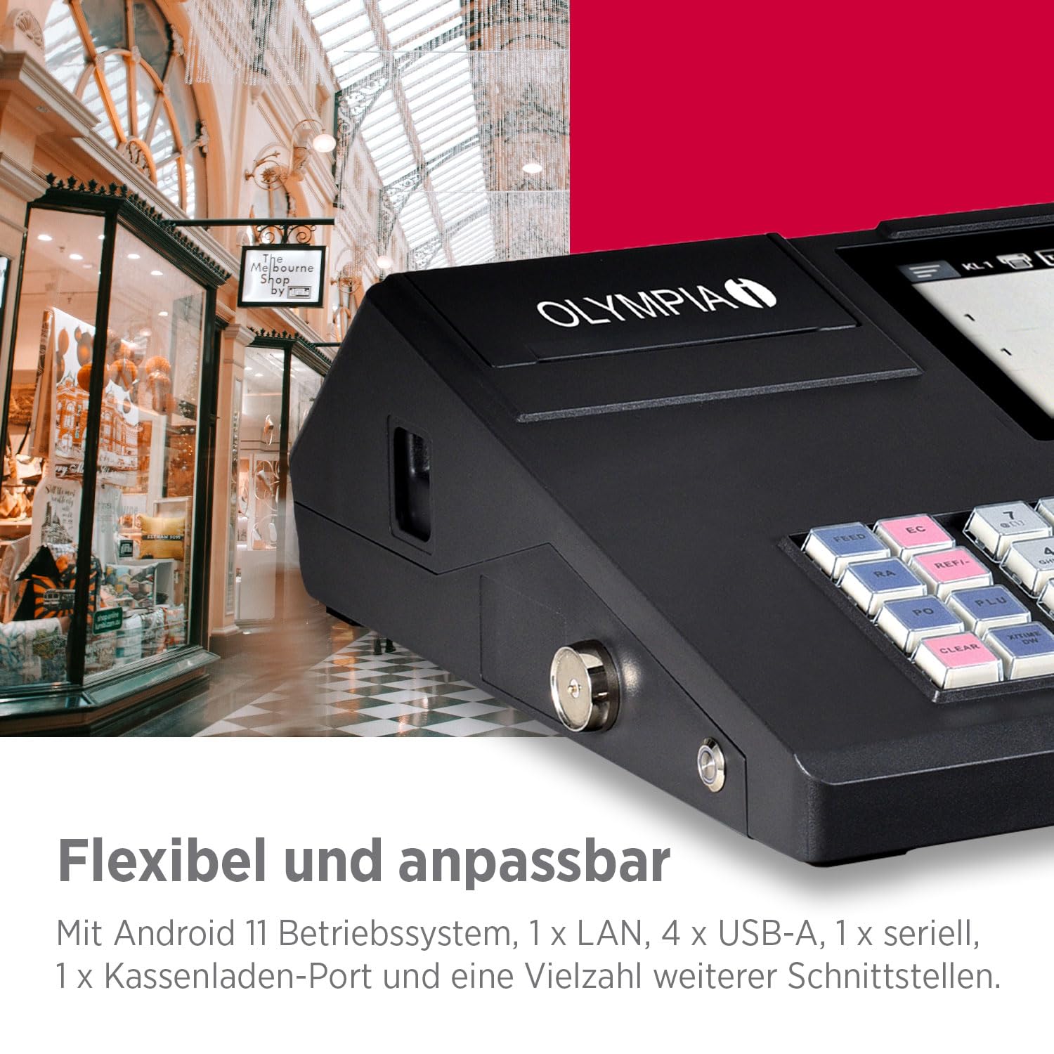 Olympia K200 Registrierkasse Touchdisplay 7 Zoll Android 11 58 mm Thermodrucker Hubtastatur 48 Tasten LED-Anzeige
