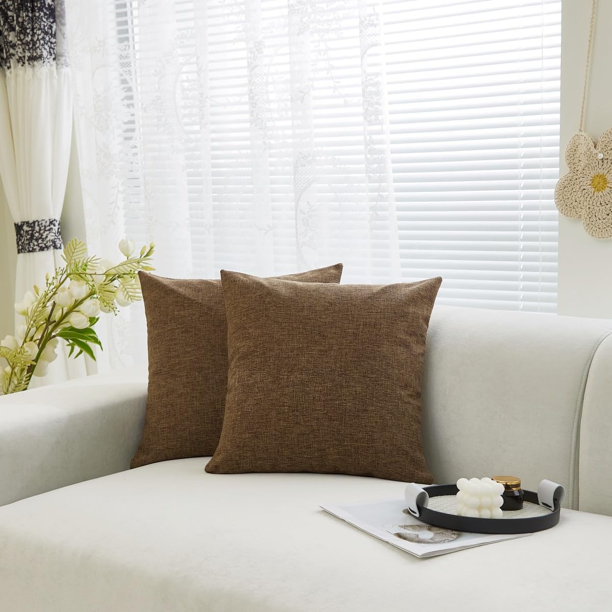Sunday Praise Solid Linen Decorative Throw Pillow Covers 18x18 Dark Brown image 2