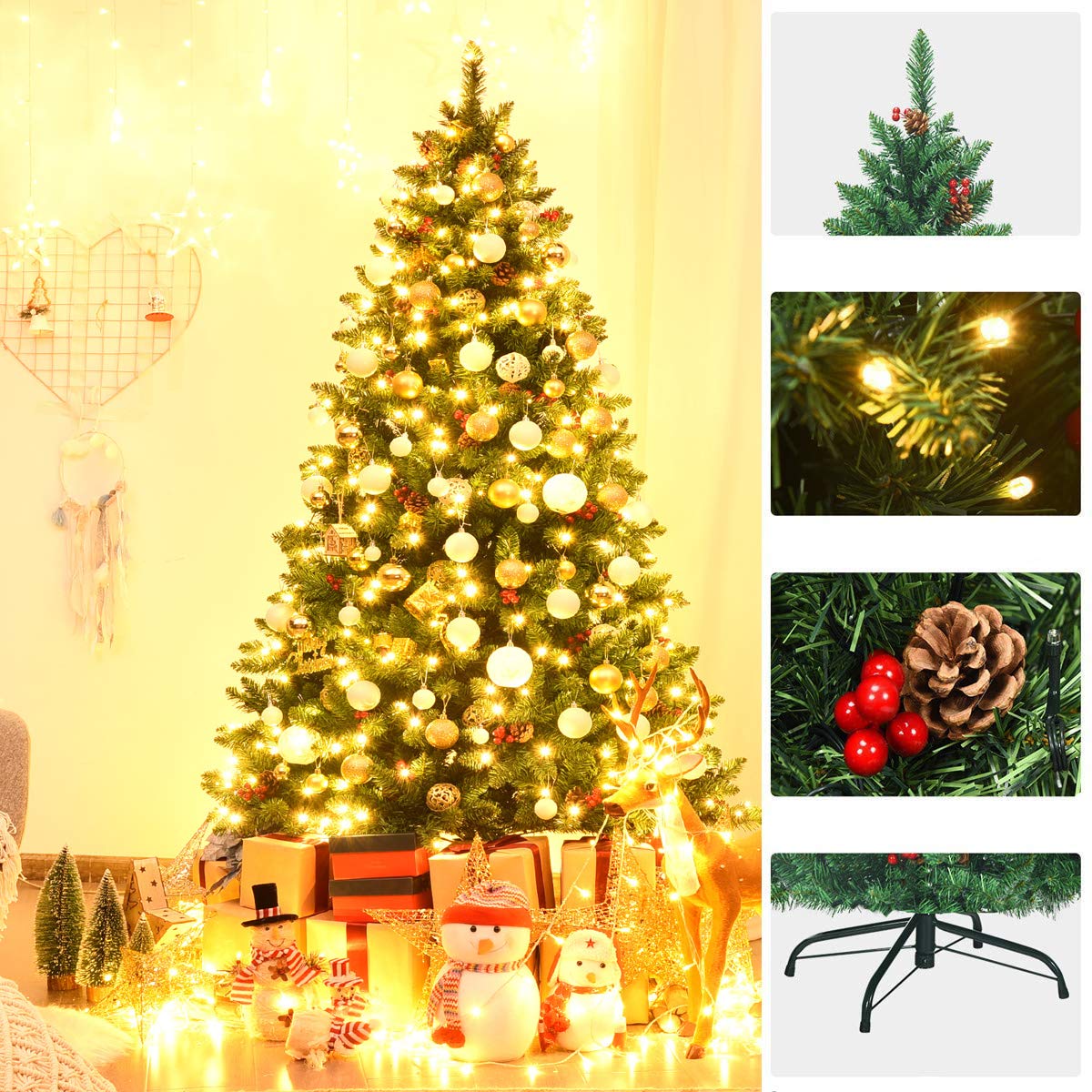 RELAX4LIFE 200 cm Künstlicher Weihnachtsbaum mit Beleuchtung, Tannenbaum mit 450 warmweißen LED-Lichtern & Tannenzapfen & rote Beeren, Schnellaufbau Klappsystem, Christbaum für Zuhause & Büro, Grün