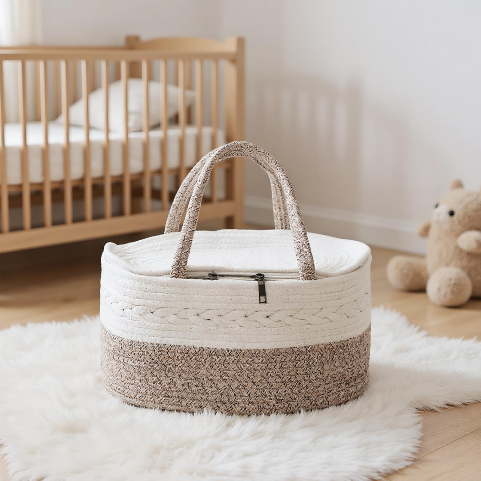 Cesta organizadora de pañales, cuerda de algodón con tapa con cremallera, cesta de guardería de gran capacidad con compartimentos intercambiables, diseño portátil, 37 x 26 x 18,5 cm