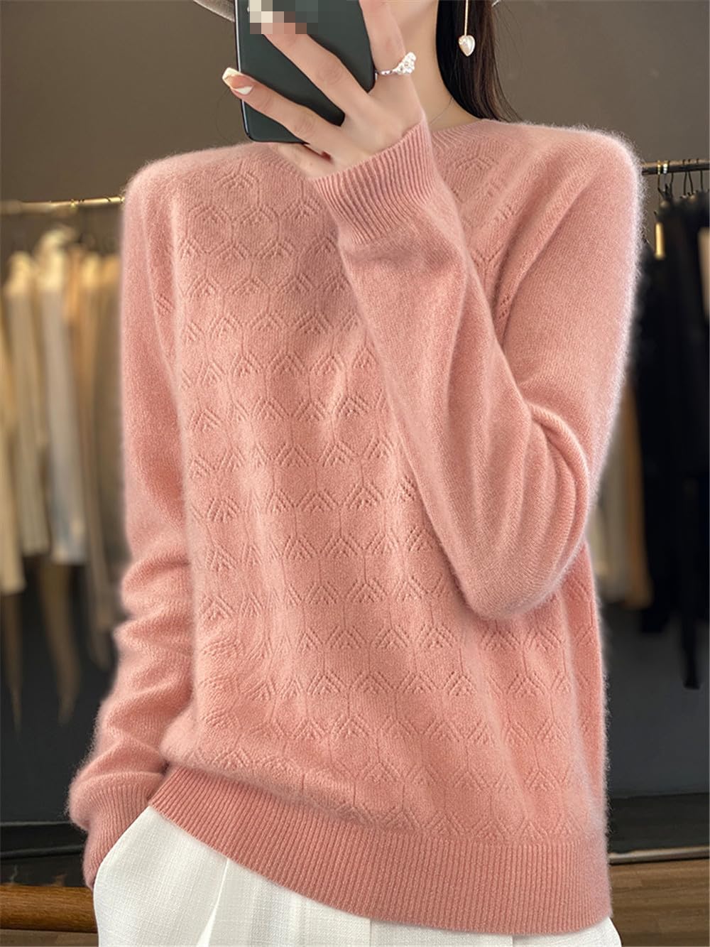 Women Spring Wool Sweater O-Neck Long Sleeve Hollow Out Knitted Pullover