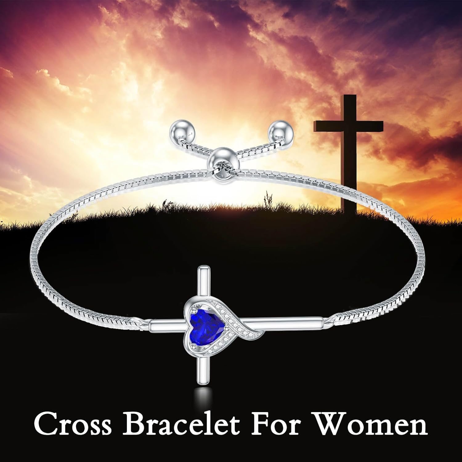 TOUPOP Birthstone Cross Bracelet for Women 925 Sterling Silver Cross Heart Bracelet Fine Jewelry Birthday Christmas Gifts for Her Girlfriend - Image 3