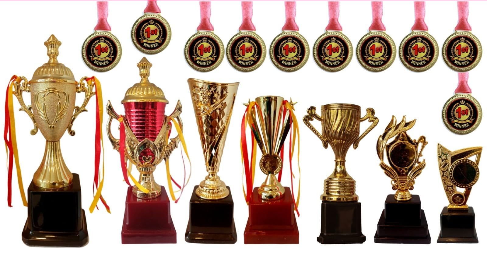 Golden Award Trophy and Medal Set (Pack of 17) – 7 Assorted Winner Cups & 10 "1st Winner Medals – Ideal for Sports, School Competitions, Cricket Tournaments & Corporate Events-image-17