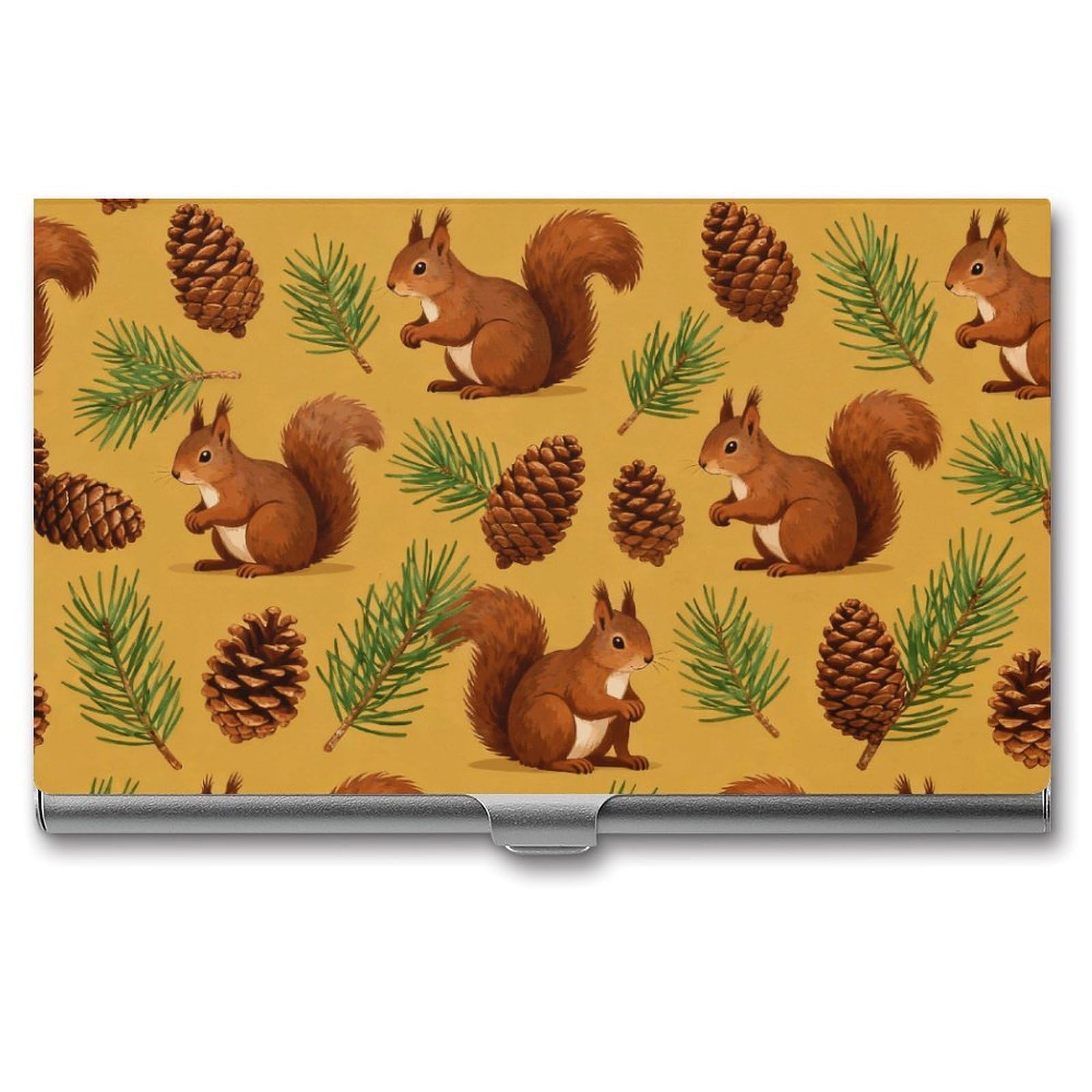 DWVTSLH Squirrel Pinecone Business Card Holder, Slim Portable Metal Business Card Case Pocket Wallet Professional Name Cards Holder for 22-30 Cards, Credit Card ID Case/Holder for Men Women