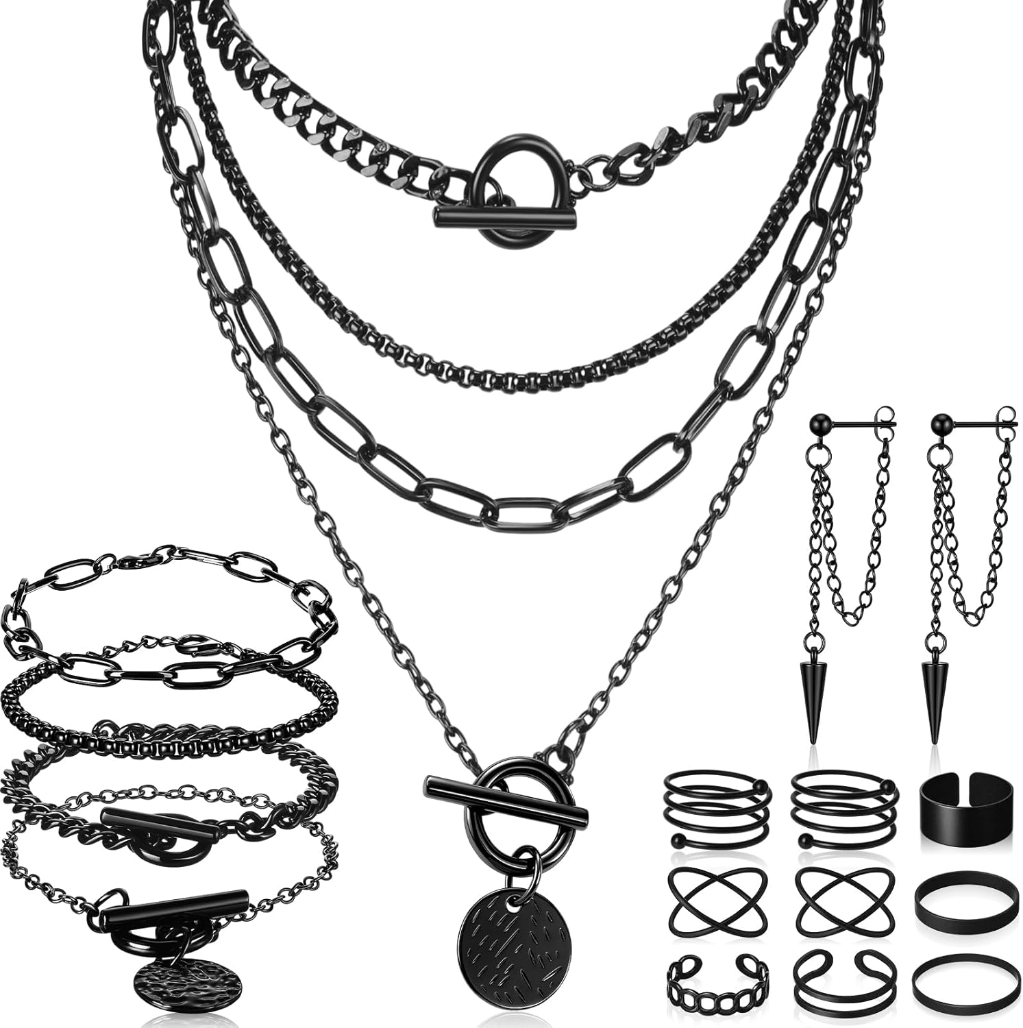 12 Pcs Goth Black Punk Jewelry Set Vintage Stackable Rings Gothic Steel Black Spike Earrings Layered Chain Coin Medallion Pendant Choker Necklace Bracelets Adjustable Accessories for Women