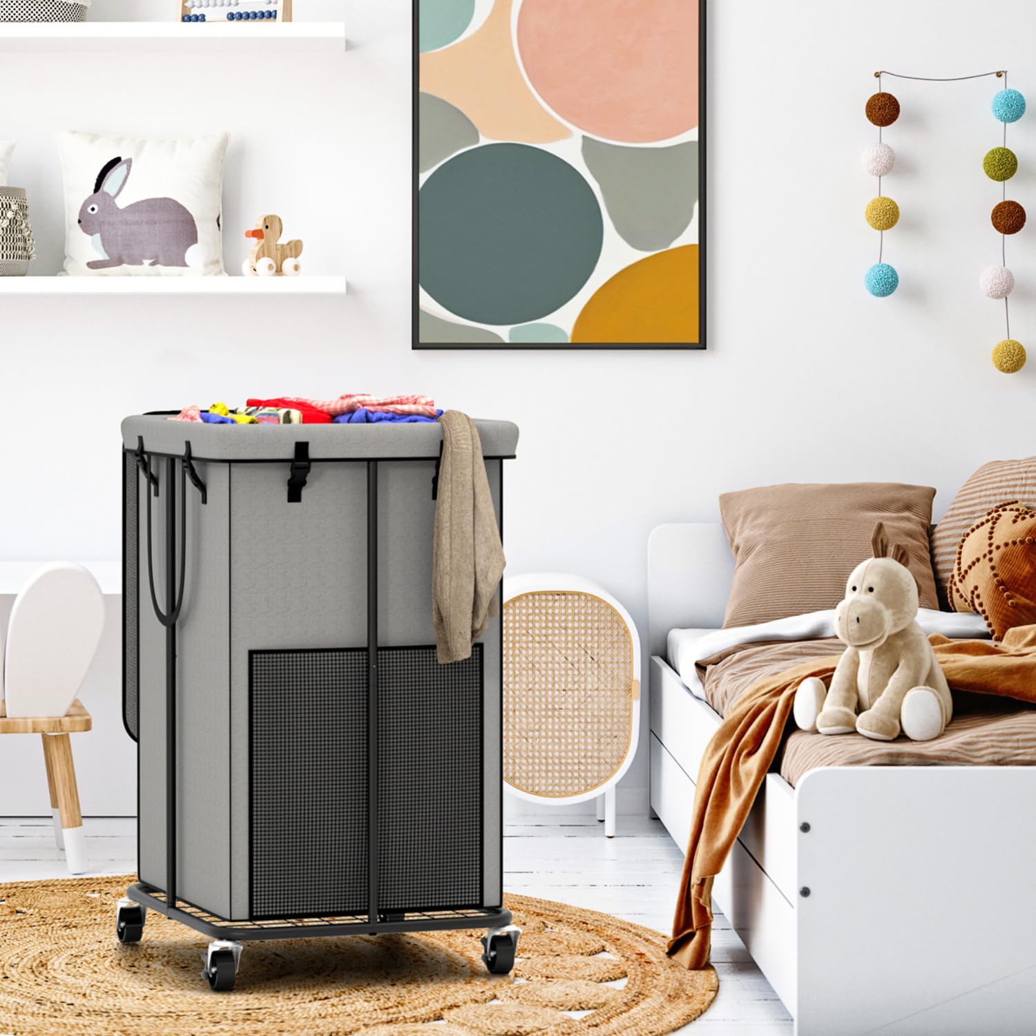 YKDIRECT 150L große Wäschekörbe mit Deckel, Wäschekörbe aus Oxford-Stoff, Metallrahmen und abnehmbare Tasche Design mit Rädern für Schlafzimmer, Bad, Schlafsaal, Waschküche (Grau-Deckel)