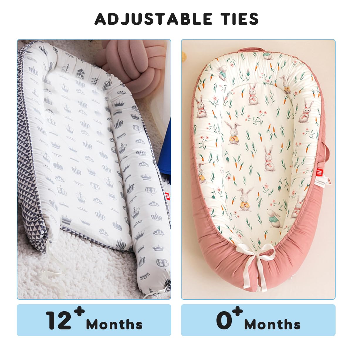 SONARIN Portatile Riduttore Lettino Neonato,88 x 53 cm Baby Nest Nido Neonati Riduttore Culla da Viaggio per Bambini, con100% Cotone Copertura Reversibile Lavabile(Coniglietto Carote)