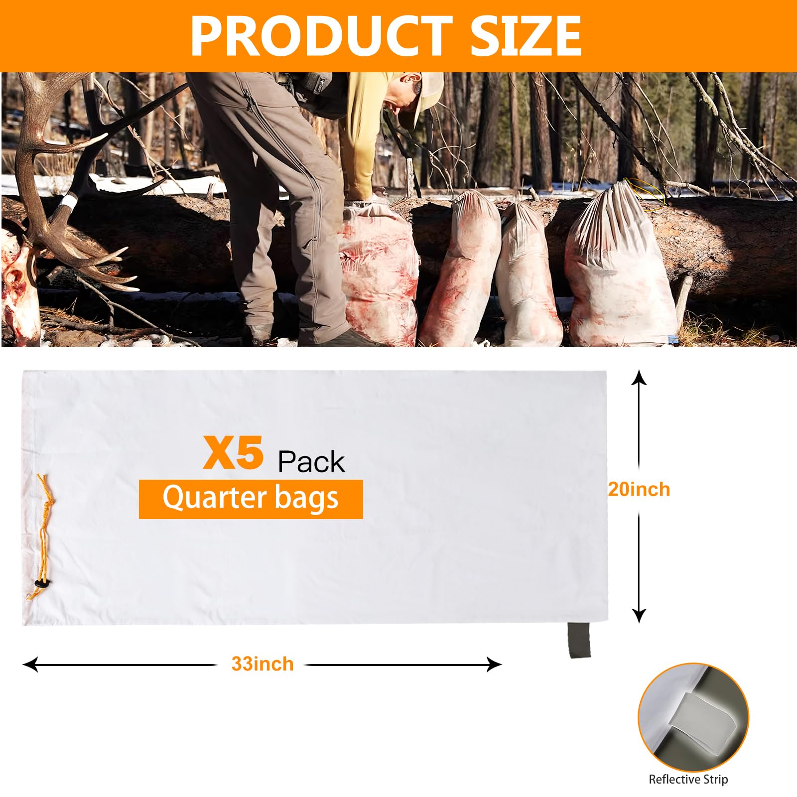 Bolsas de caza de ciervos reutilizables de 33 pulgadas con cordón resistente para caza de carne con tira reflectante, paquete de 5 unidades