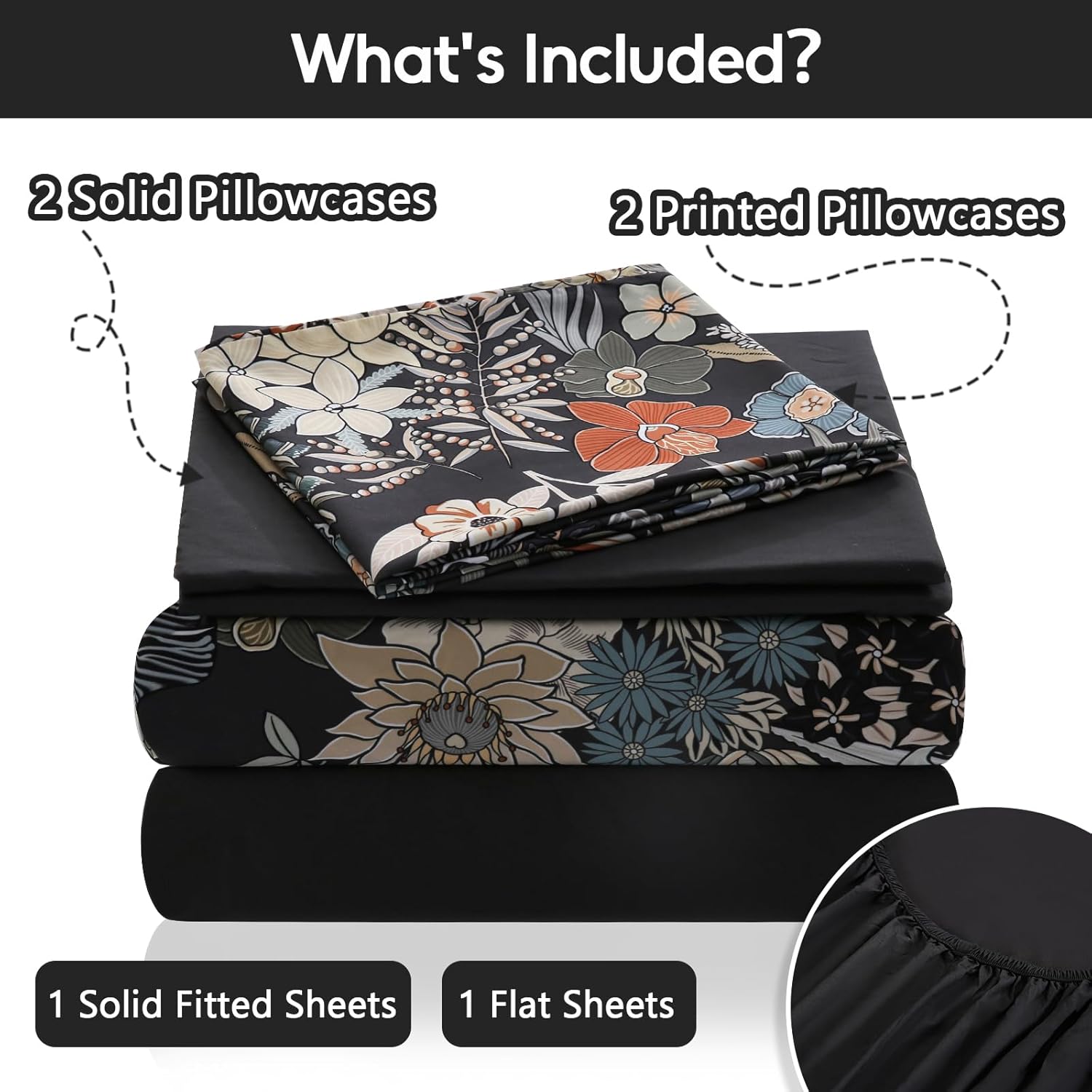 LONAVA Floral King Size Bed Sheet Set, 6 Piece, Deep Pocket Black Fitted Sheet, Comfy & Breathable Boho Patterned Flat Sheets, Premium Microfiber, Midnight Blossoms Printed - Image 6