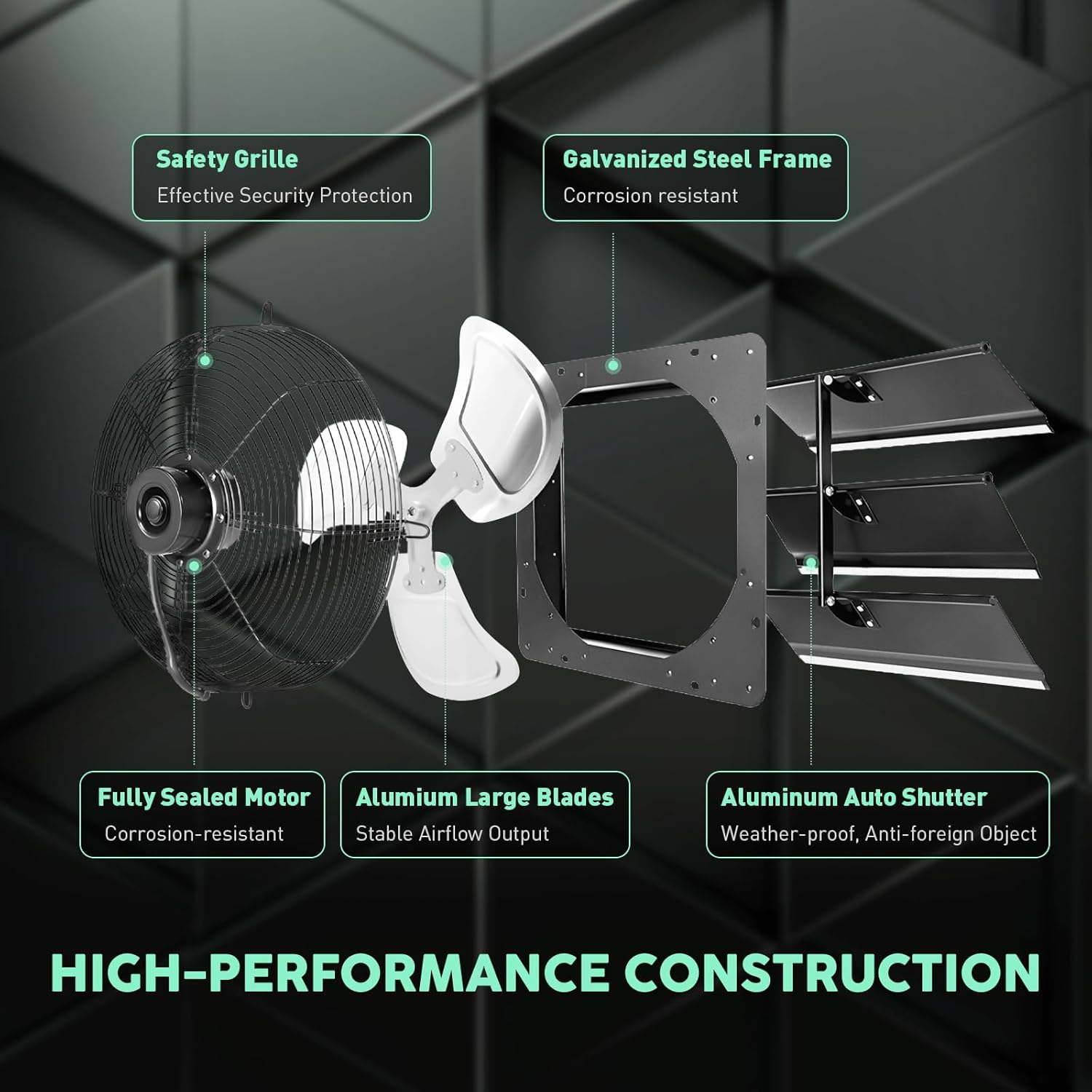 YOZON 12" Shutter Exhaust Fan with Speed Controller, Wall Mounted Wall Exhaust Fan, Automatic Shutter, High Speed, 1130CFM, Vent Fan for Garage, Greenhouse, Shed, Chicken Coop and Workshop - Black