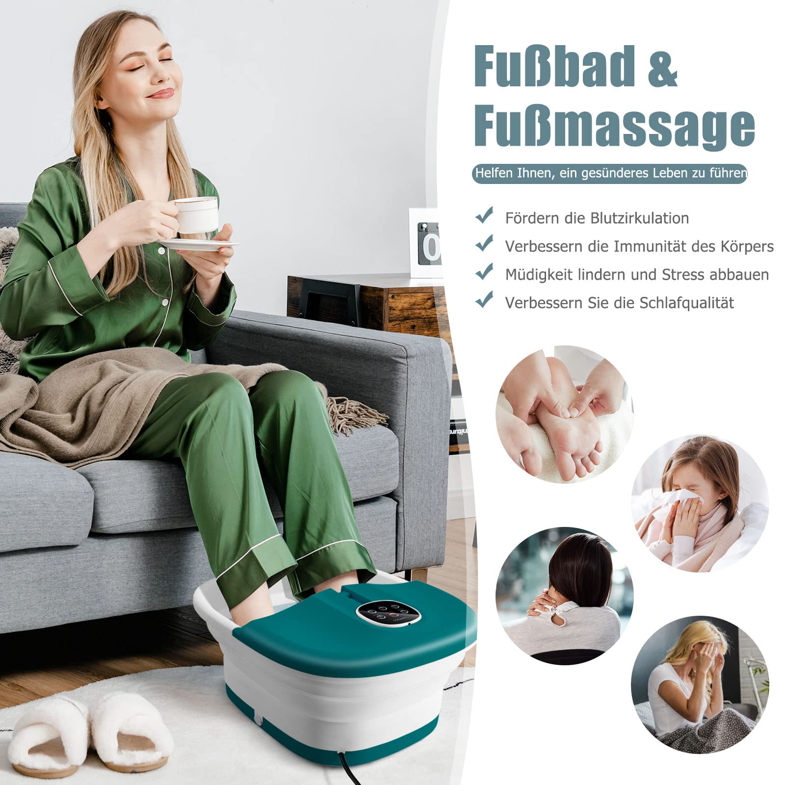 RELAX4LIFE Elektrische Fußmassageräte mit Massage & Heizung, 500W, Fußsprudelbad klappbar mit 16 Shiatsu-Rollen & Pediküre-Bimsstein, 20/60 min. Timer, 41/43/45℃, Fußbad als Geschenk (Türkis)
