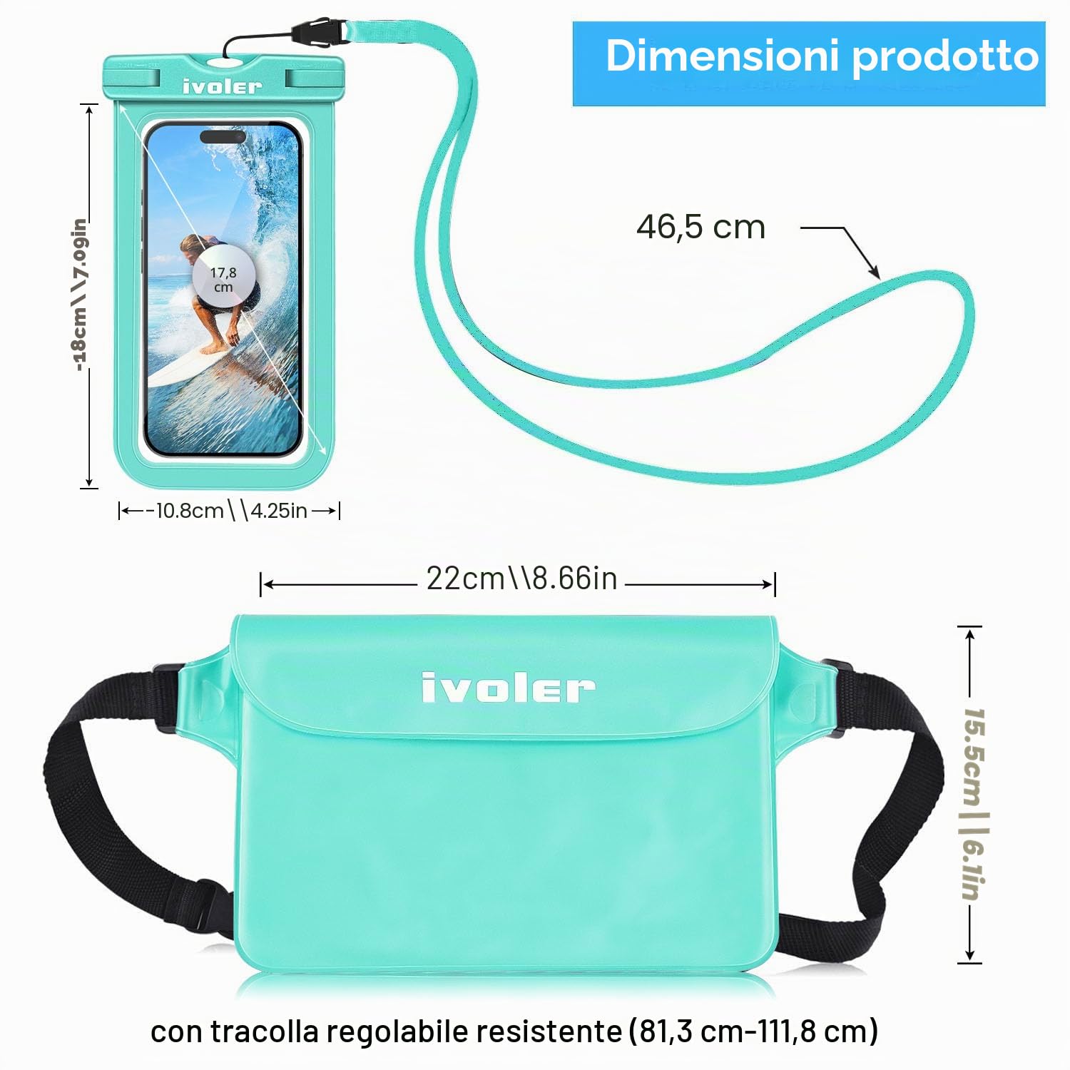 iVoler Kit Impermeabile con Borsa Marsupio e Custodia Smartphone IPX8 per Sport Acquatici Pesca Vela Sci Mare Escursione, Protezione per Cellulare Portafoglio Documenti - Verde Menta