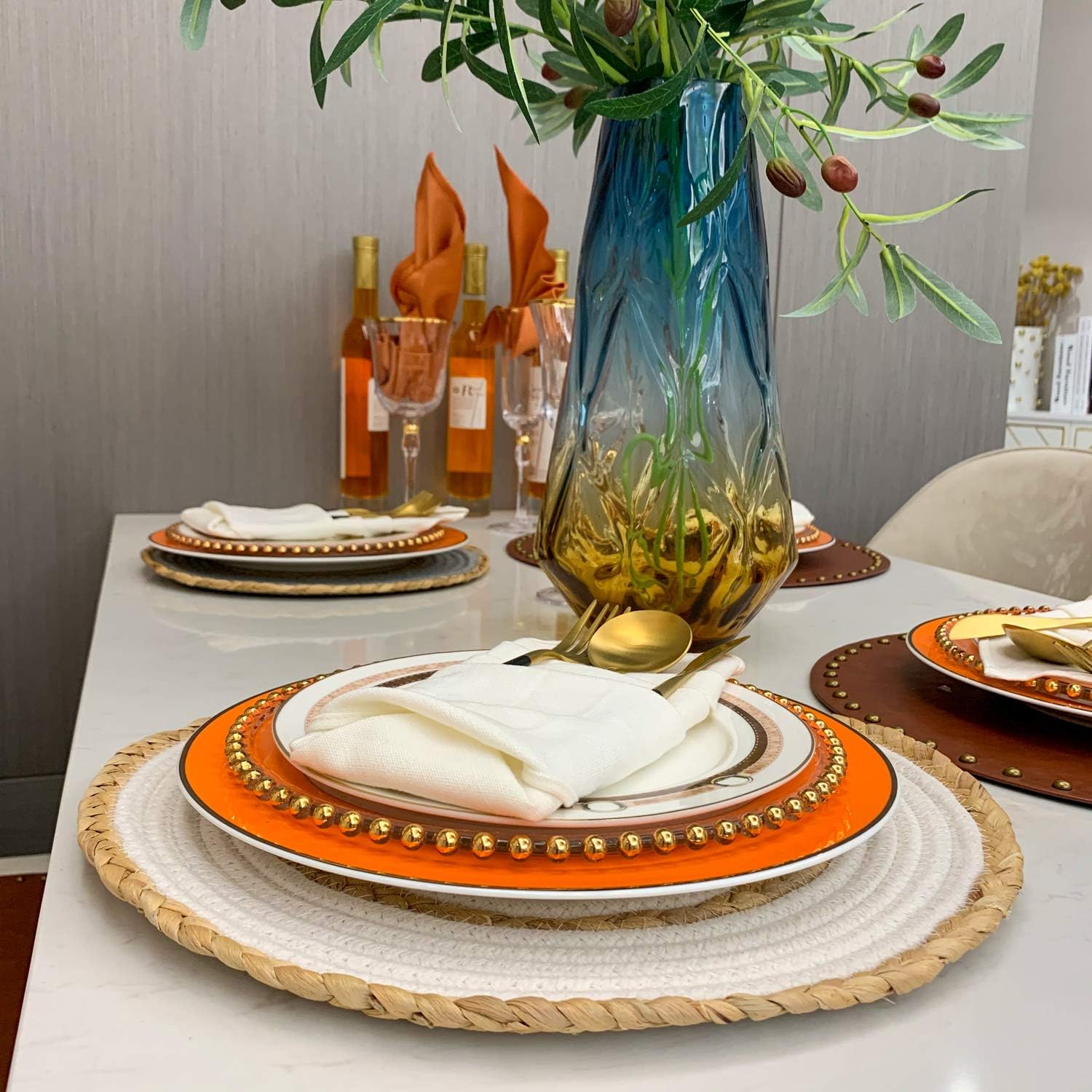 One-Day Sale: Up to 80% Off Natural Woven placemat Handmade rattan-100% Water Hyacinth and Cotton Thread, White and Gray, Used for Table placemat (Round) (White)