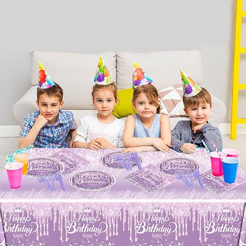 Miniatura 6 de Juego de vajilla para fiesta color morado, 20 platos y 20 servilletas y manteles de 71 x 42 pulgadas, para niñas y mujeres, suministros de fiesta de