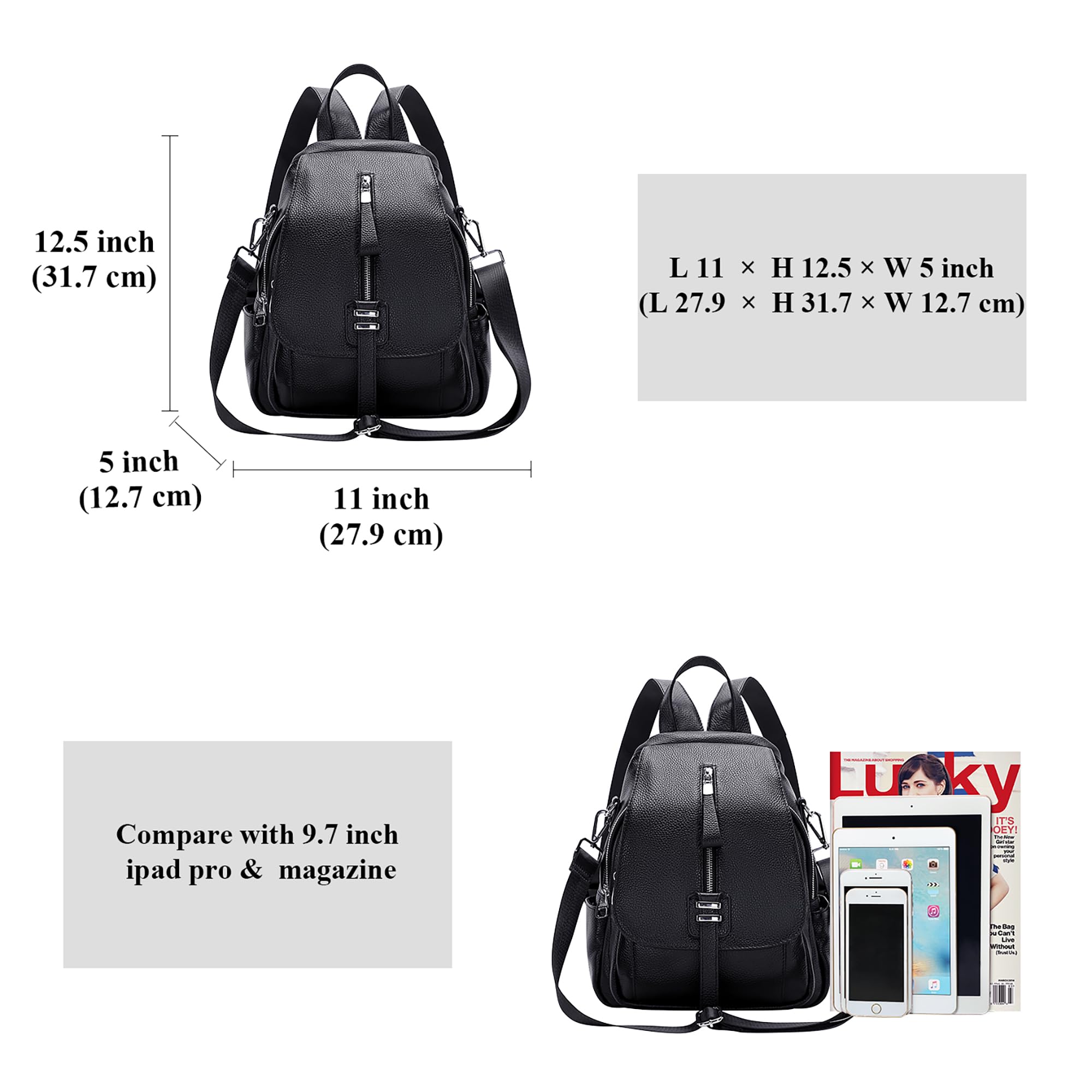 ALTOSY Echter Leder Rucksack Damen mit Geldbörse Vielseitige Tasche | Mit Schnalle Klappe, 3-in-1 Tragetasche, Passt für 9,7" ipad, Lässiger Schulterrucksack für Alltag, Reisen, S85 Schwarz