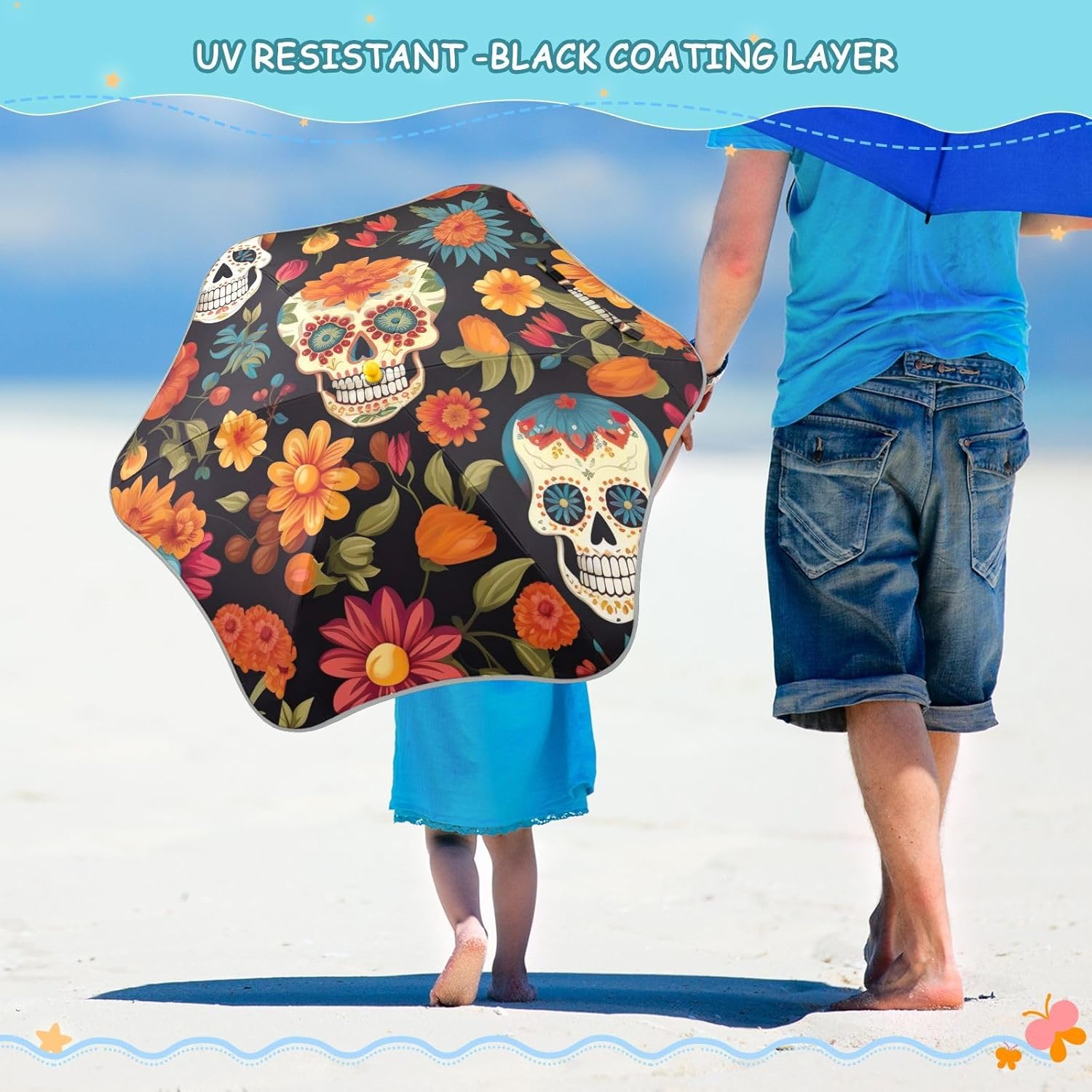 ODAWA Kid Umbrellas Skull Flowers Black Windproof Compact Stick Umbrella for Rain, Sun Umbrellas Uv Protection