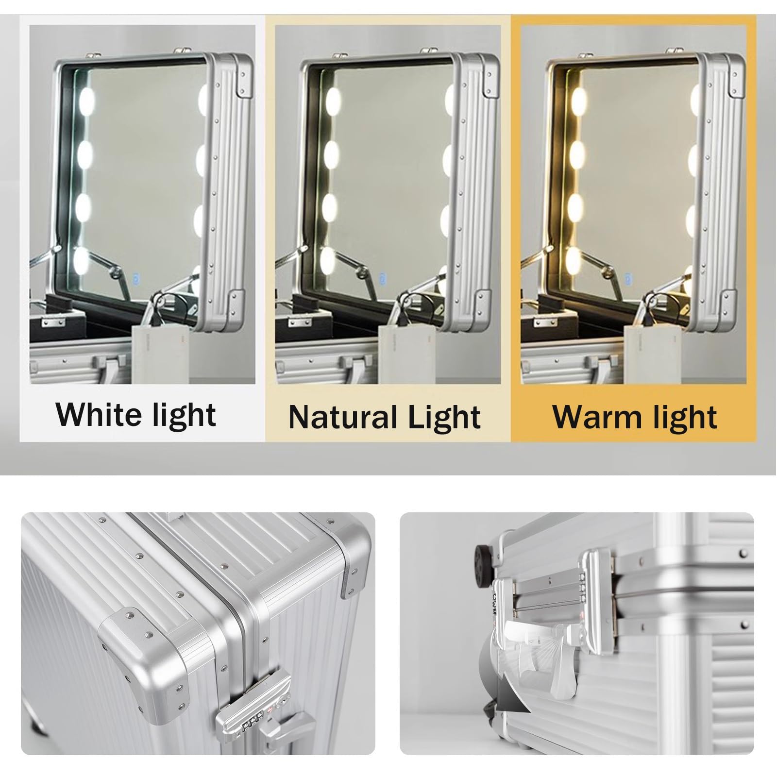 Walizka na kosmetyki, aluminiowa walizka na kółkach z 8 diodami LED, zwijany organizer na kosmetyki z lustrem, stacja do makijażu do podróży, wielofunkcyjna