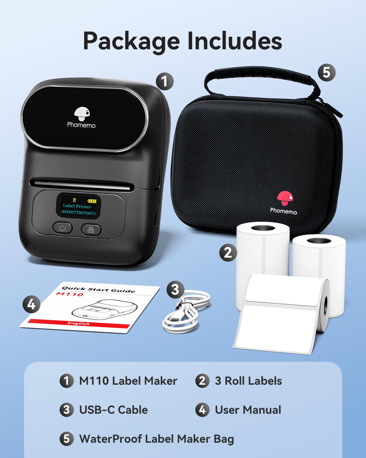 Phomemo M110 drukarka etykiet Bluetooth, samoprzylepna, z 3 rolkami etykiet